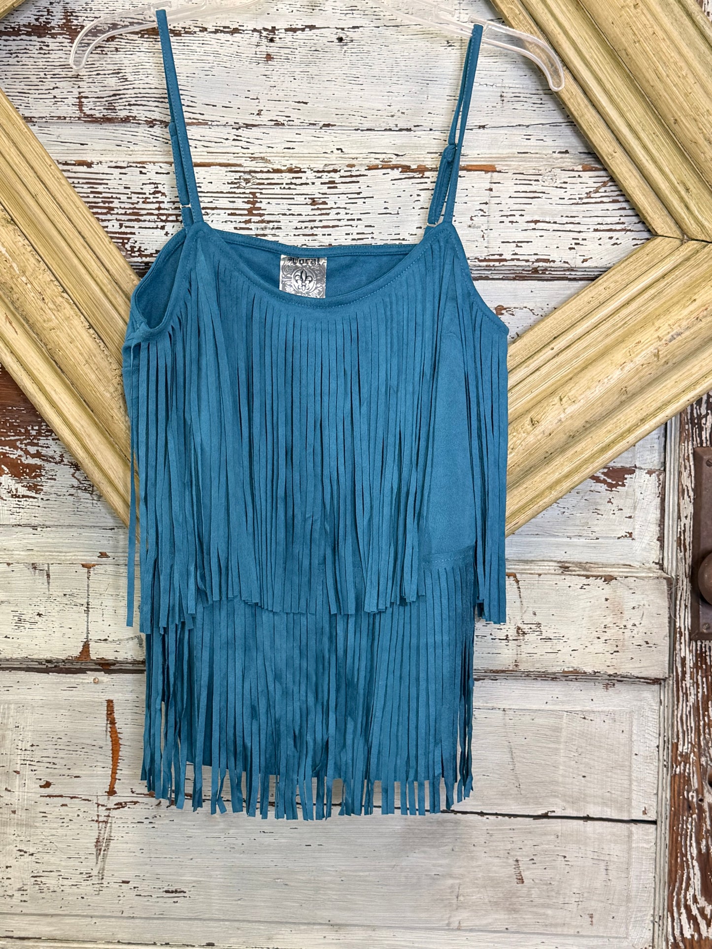 Vocal Teal Tiered Fringe Single Strap Suede Camisole
