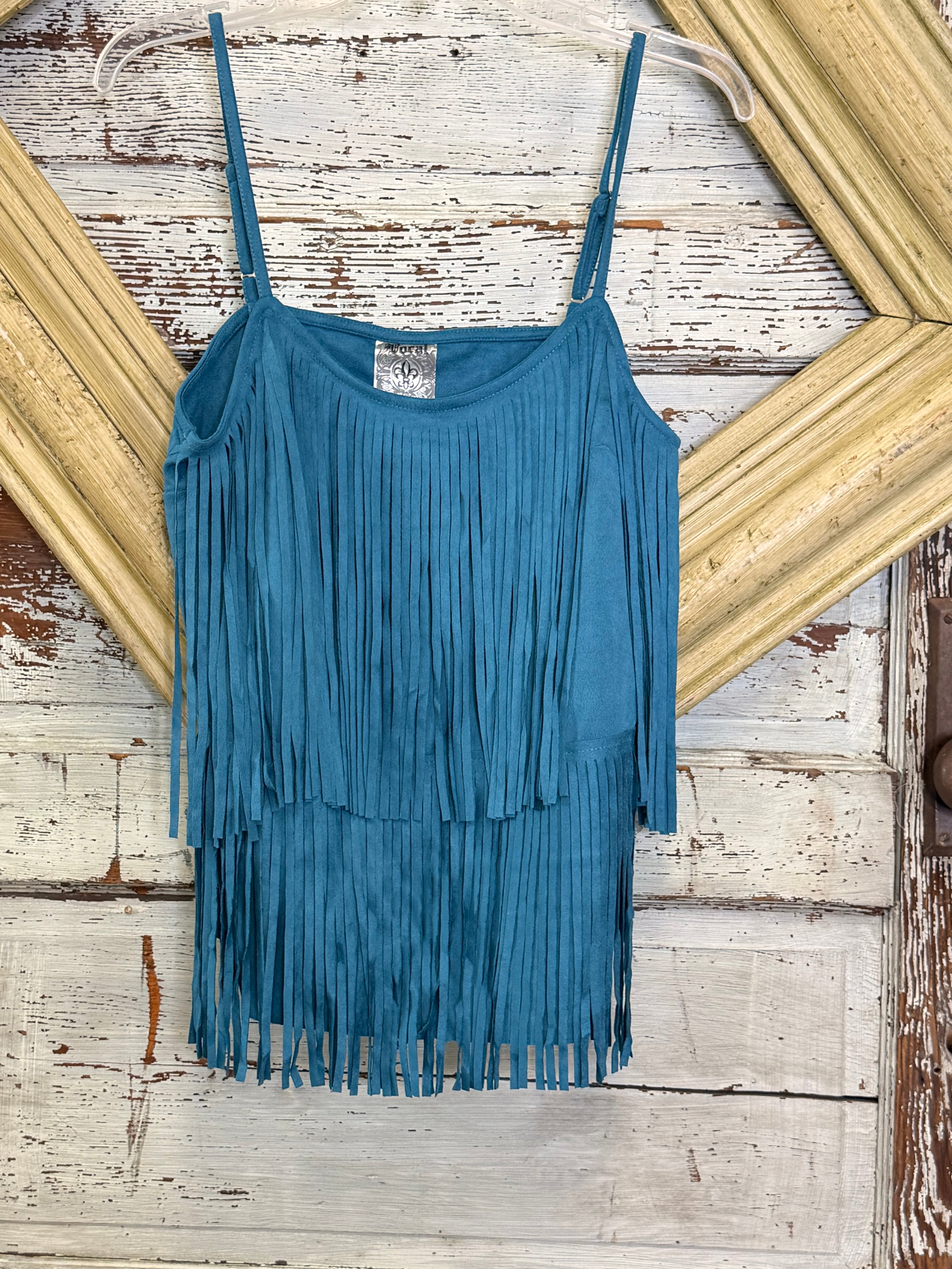 Vocal Teal Tiered Fringe Single Strap Suede Camisole