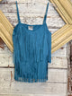Vocal Teal Tiered Fringe Single Strap Suede Camisole