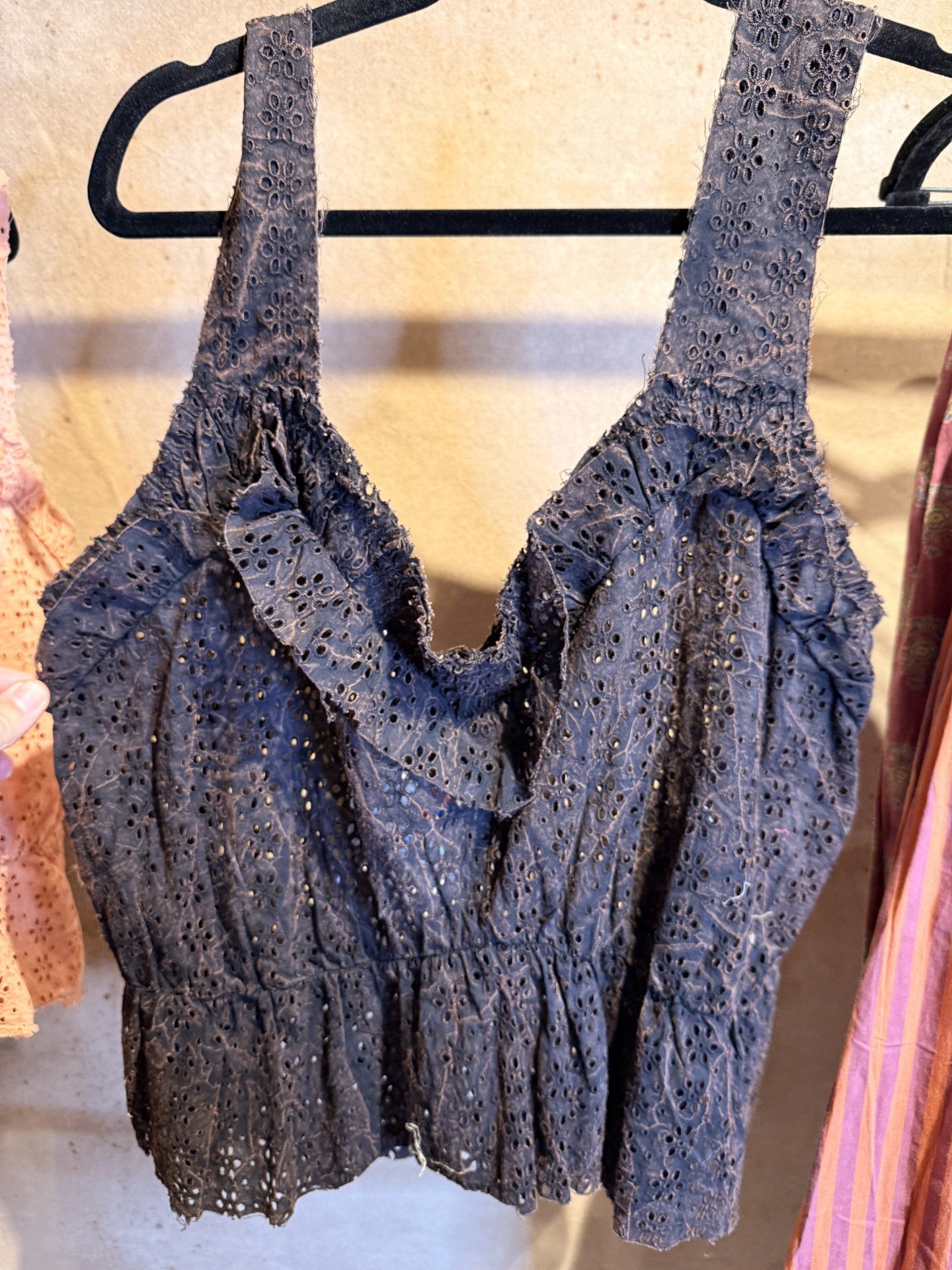 Jaded Gypsy Luminous Tank in Navy - deep blue eyelet crop top with ruffle V-neckline and wide straps
