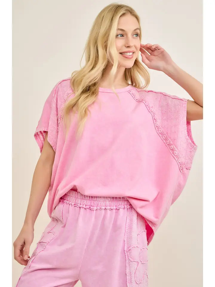 Jher Mineral Washed Eyelet Trim Cap Sleeve Blouse Top