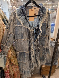 Jaded Gypsy Patchwork Skies Ruffle Tunic Chambray - patchwork denim frayed panels