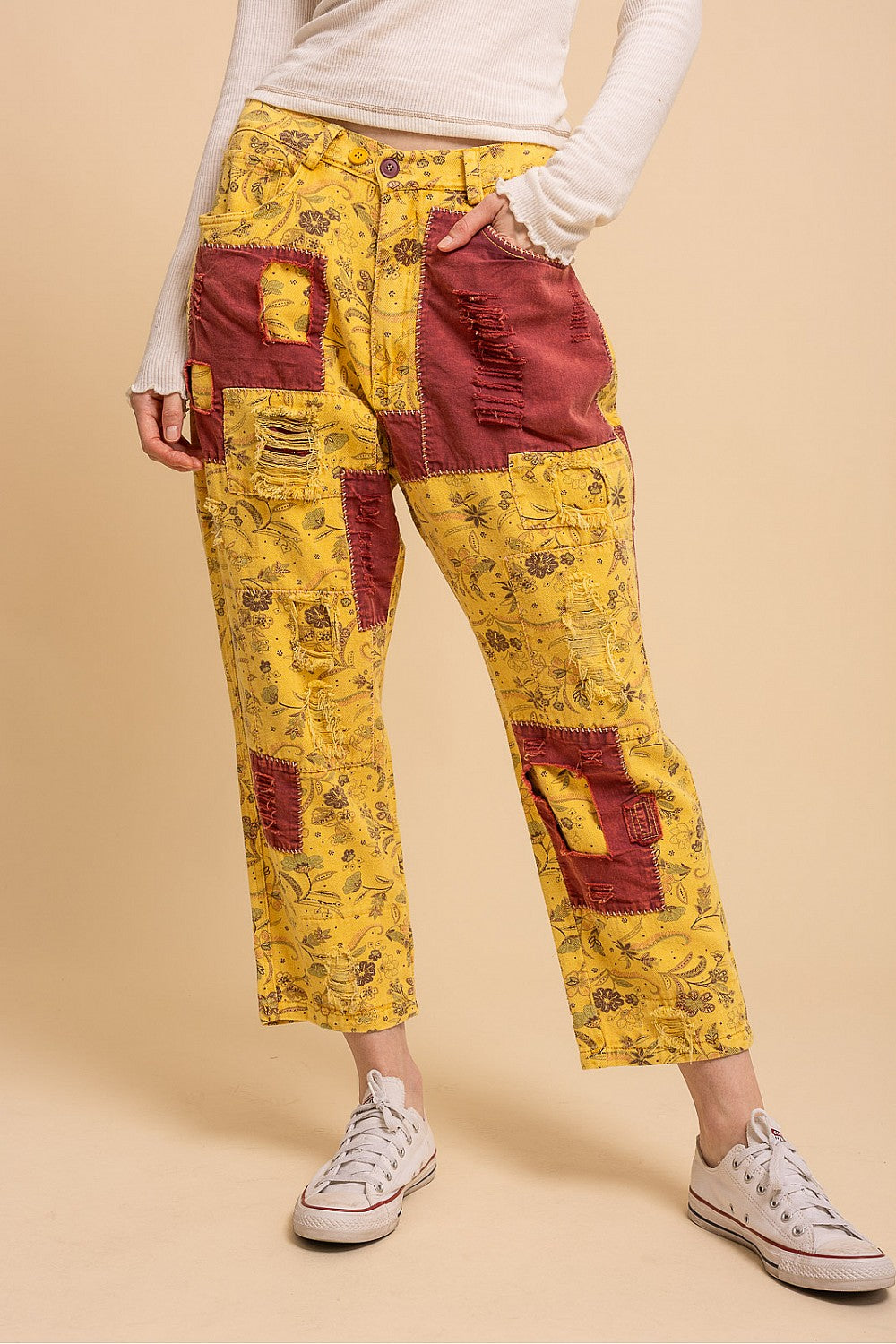 BlueVelvet Mustard Red Twill Patch Work Pants