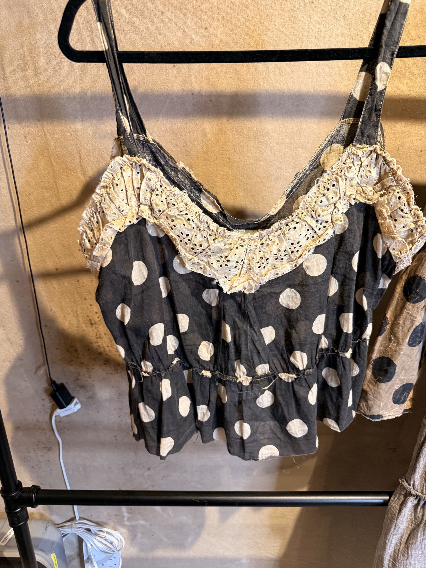 Jaded Gypsy Along the Way Tank - charcoal polka dot crop top with cream eyelet ruffle neckline and tiered body