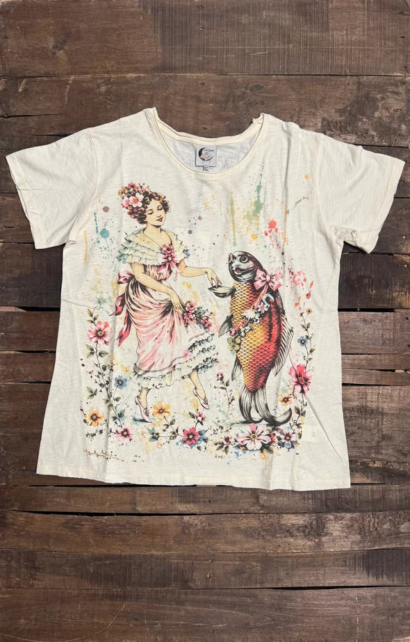 Jaded Gypsy Moon Dance Tee in Whimsical Waltz - cream tee with watercolor ballerina and koi fish graphic