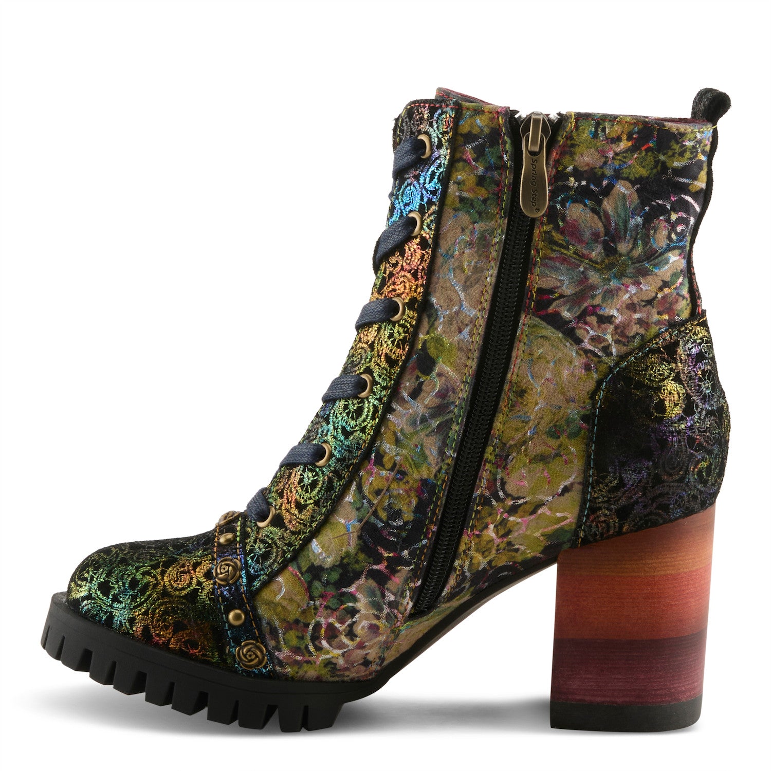 L'Artiste Butofcourse iridescent floral lace-up boot front three-quarter view