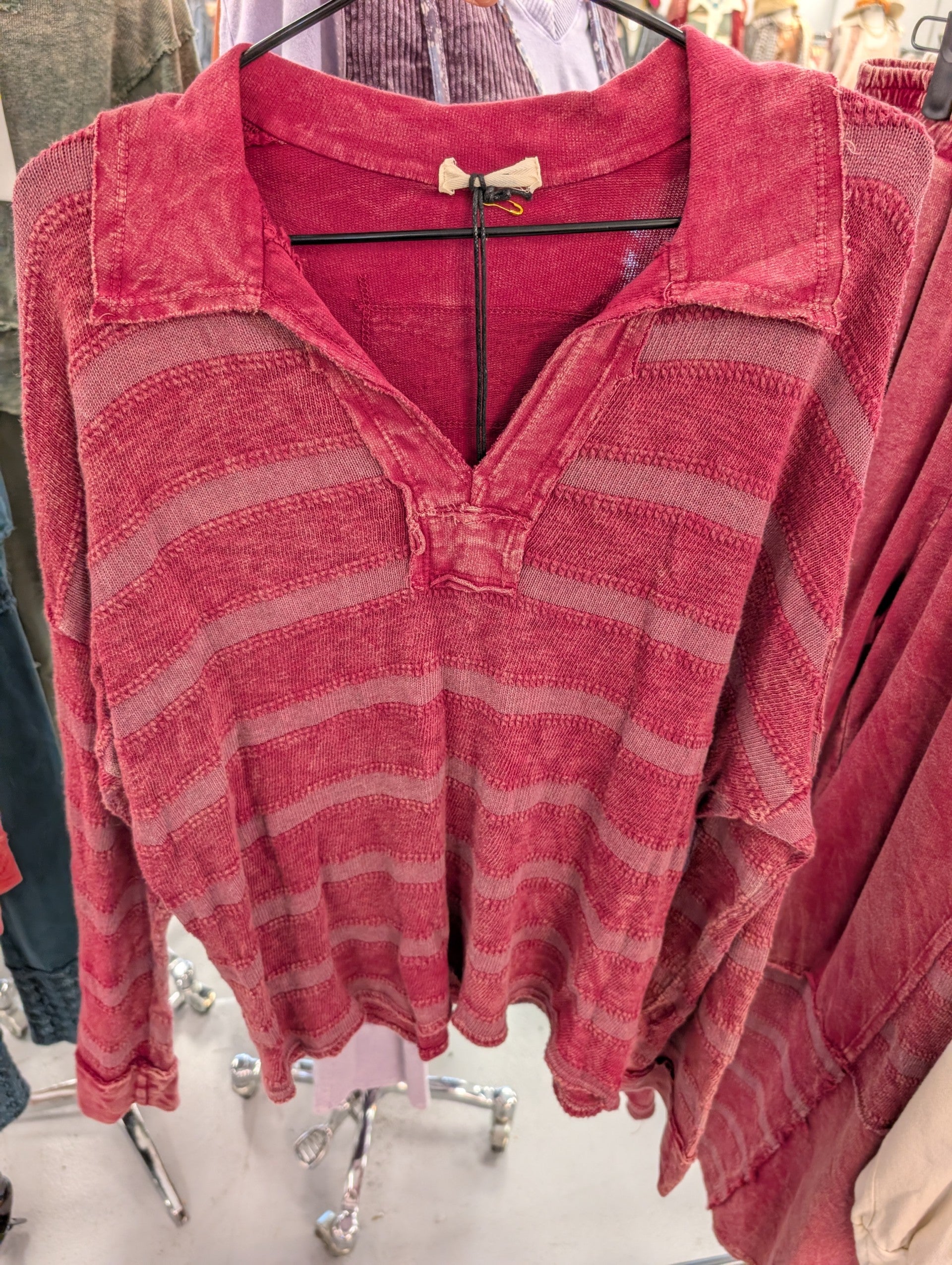 Jher HT7630 Burgundy Mineral Washed Stripe Knit Top