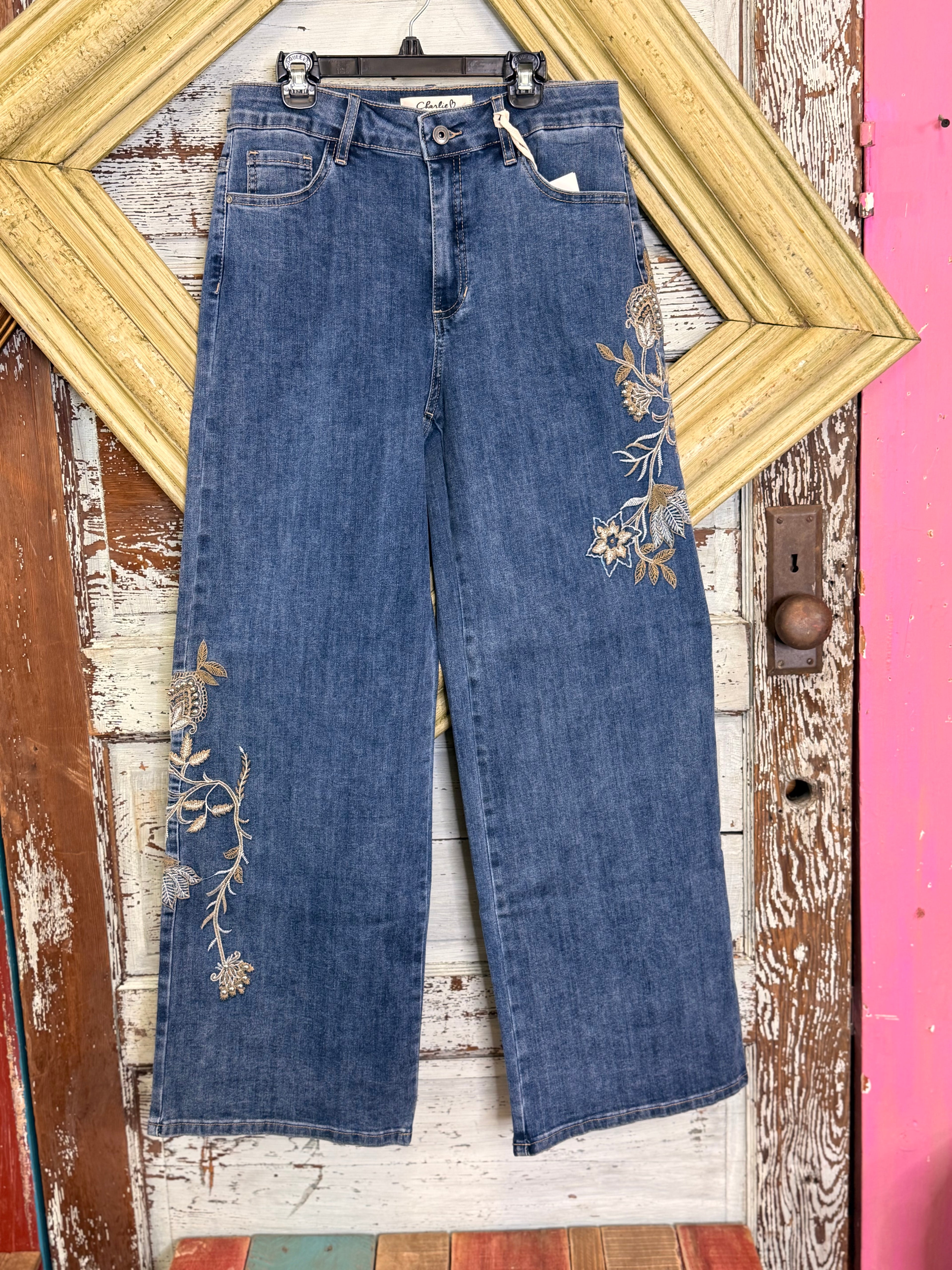 Charlie B  Flower and dequins Embroidered Denim Pants