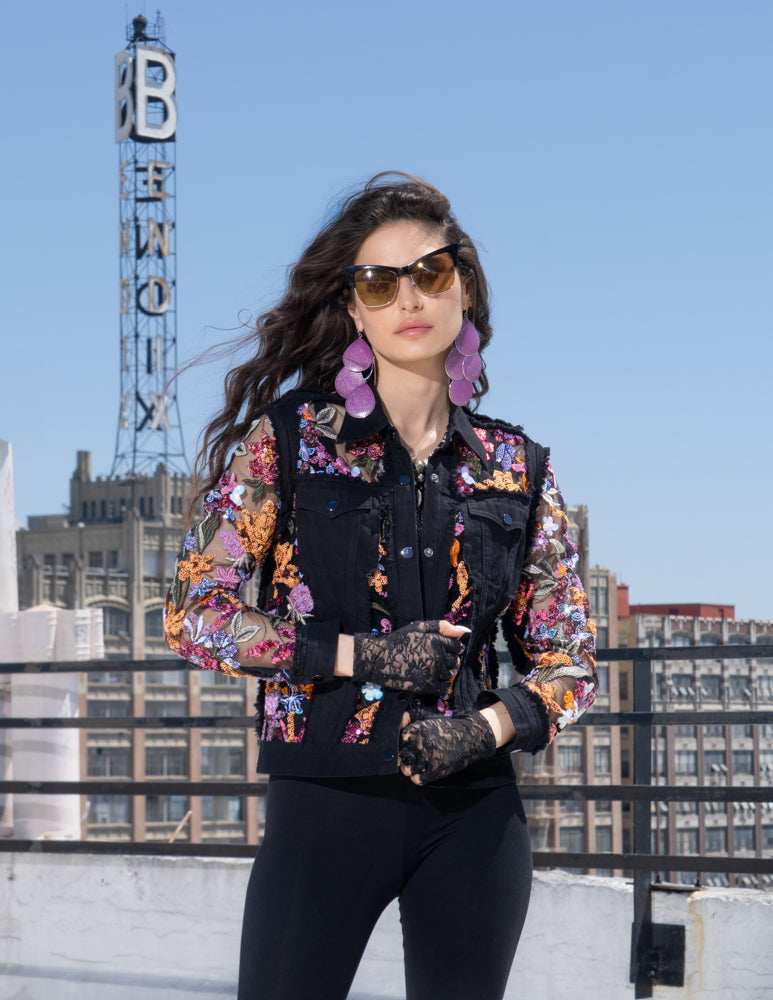 Adore Black Denim Jacket with multi color Embroidery