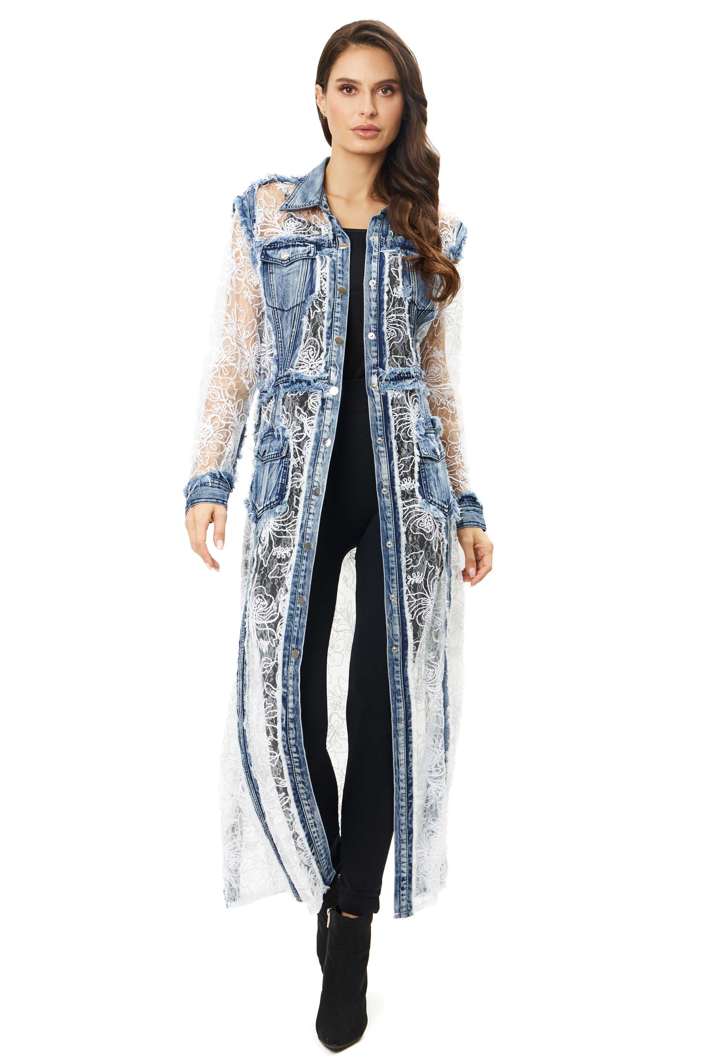 Long white lace emborder denim Duster