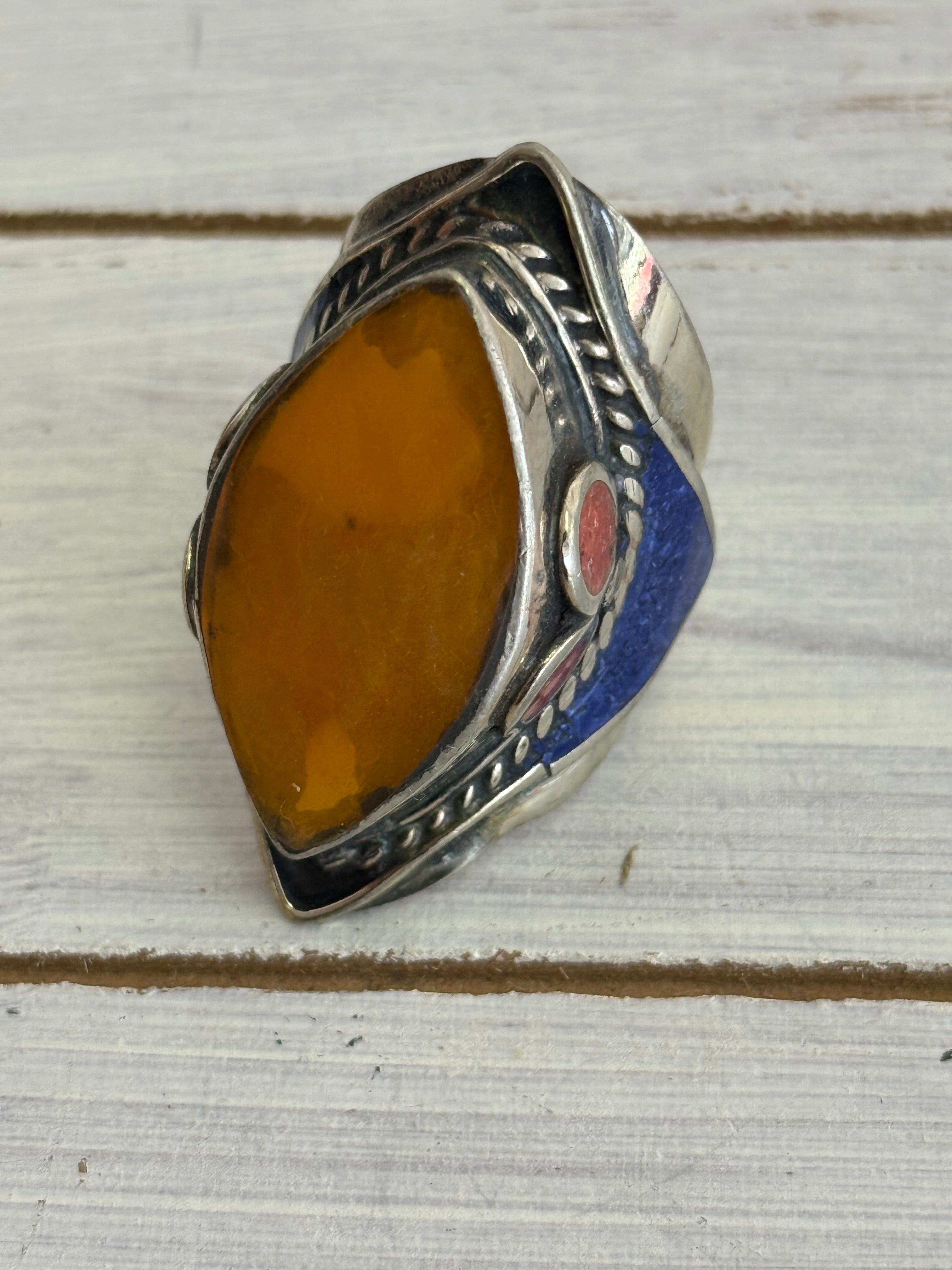 Tiger Eye Coral Lapis Ring