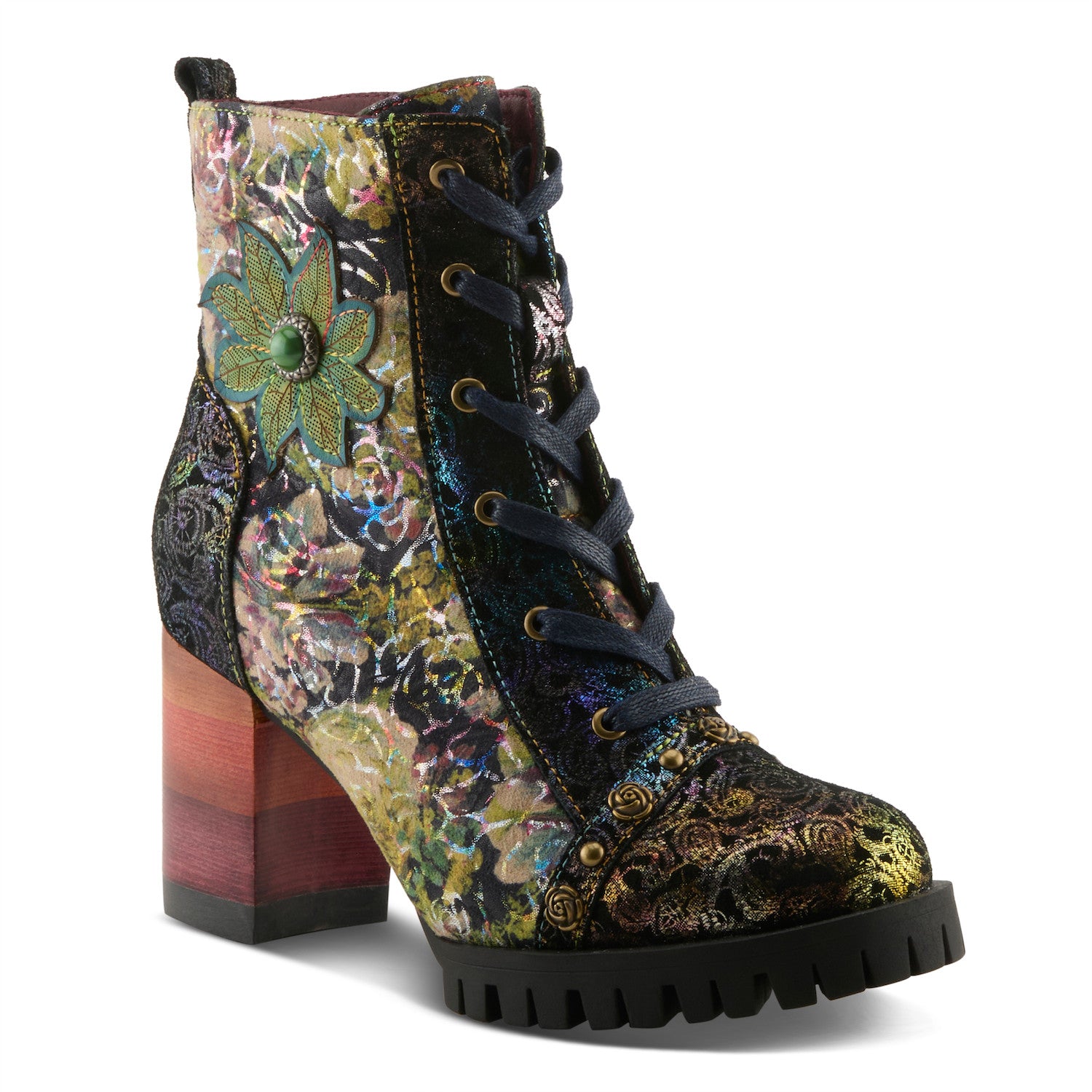 L'Artiste Butofcourse floral boot top view showing laces and rose stud detail
