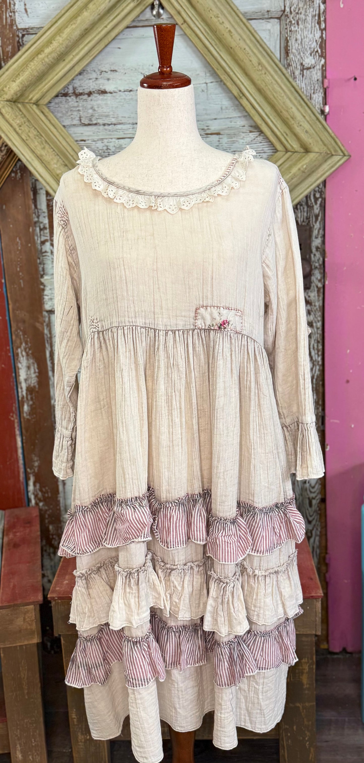 Paper Lace Cream Natural Dress With ruffles