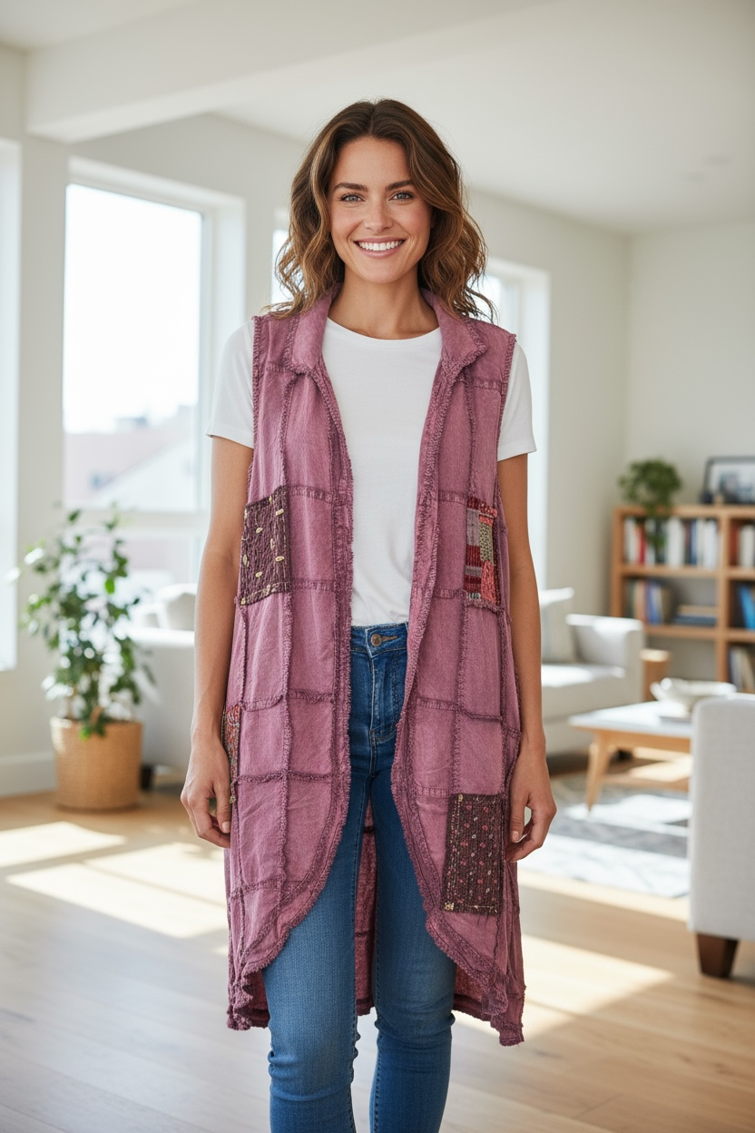 Paper Lace Wine Flare Sleeveless Patchwork duster