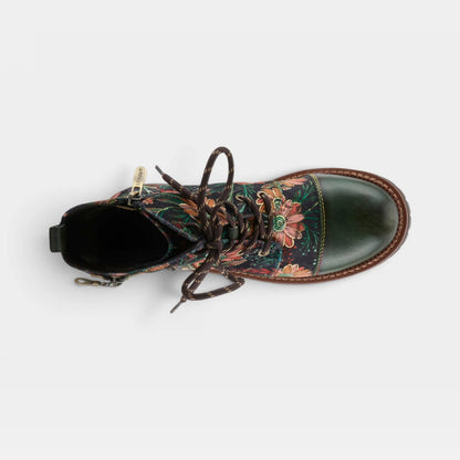 L'Artiste Cordea floral boot front view showing embroidery detail
