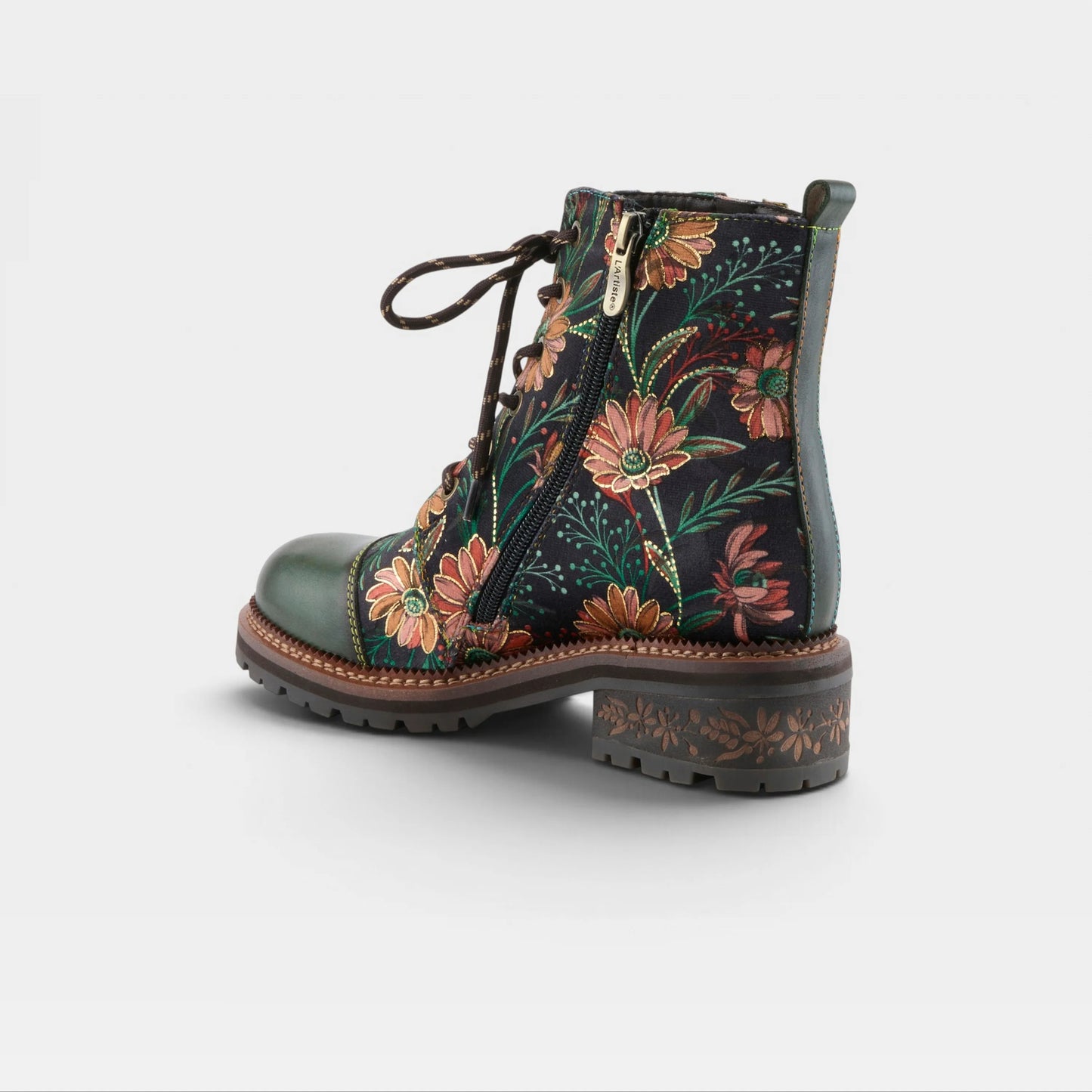 L'Artiste Cordea floral boot back view showing zipper and stud detail