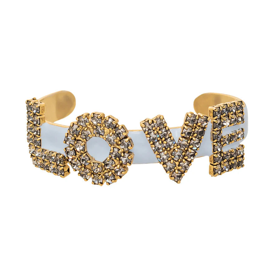 TOVA La La Love Cuff in Fairy Dust - crystal pave LOVE cuff bracelet in pale blue enamel and gold