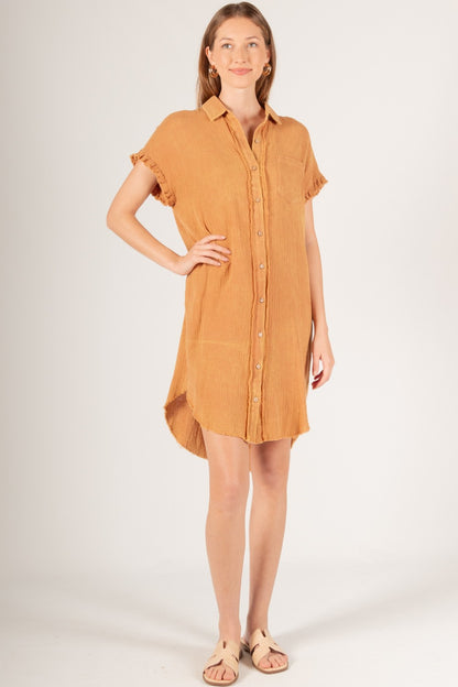 Before You Gauze Frayed Edges Button-Up Shirt Dress