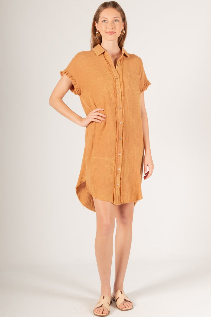 Before You Gauze Frayed Edges Button-Up Shirt Dress