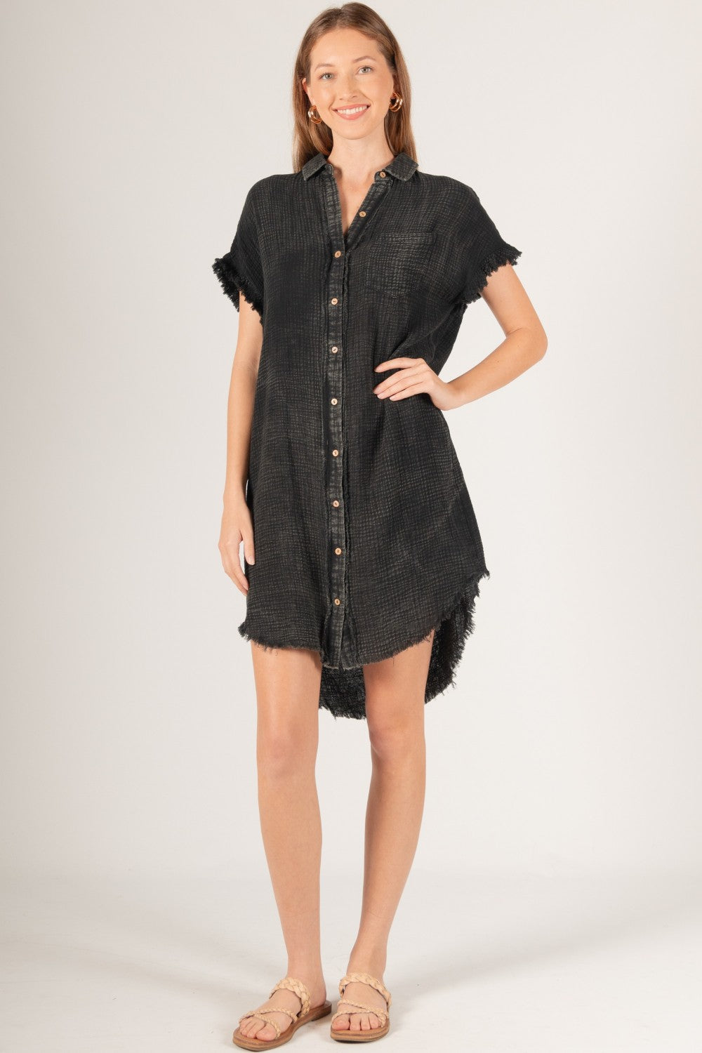 Before You Gauze Frayed Edges Button-Up Shirt Dress