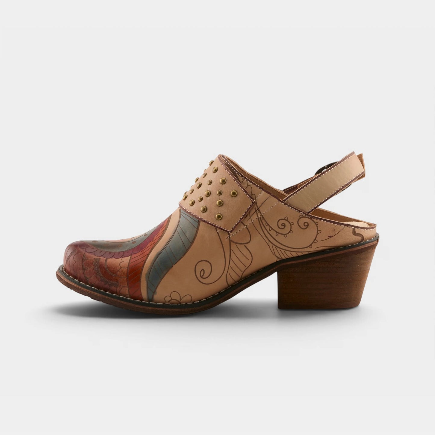 L'Artiste Daytona hand-painted studded slingback clog side view