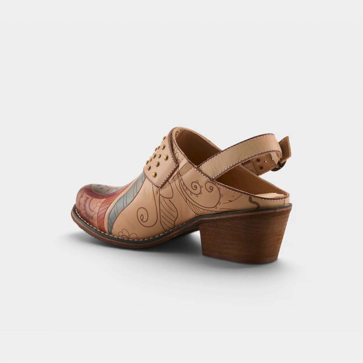 L'Artiste Daytona slingback clog top view showing studded strap