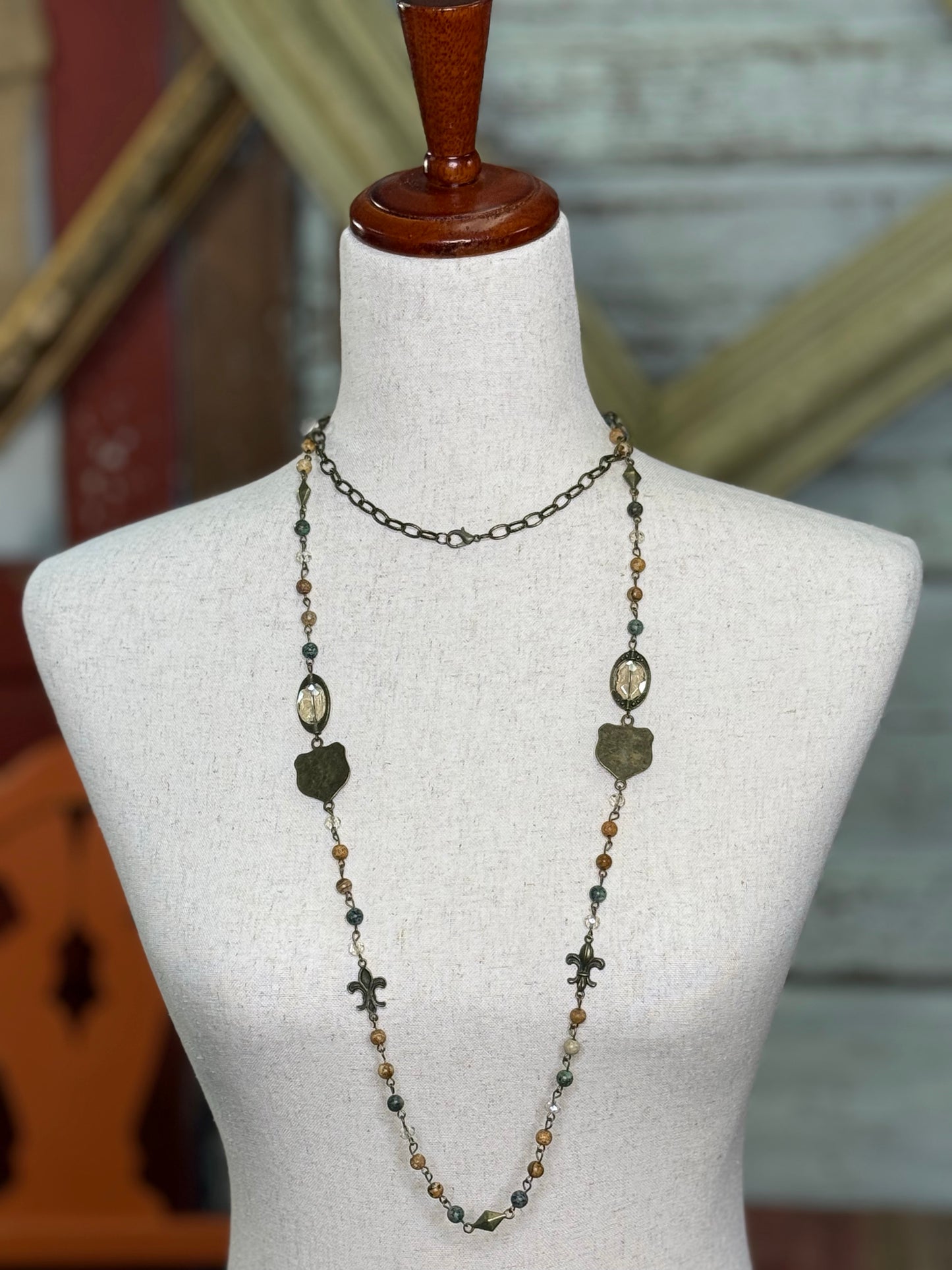 Long Bronze chain ans bead necklace