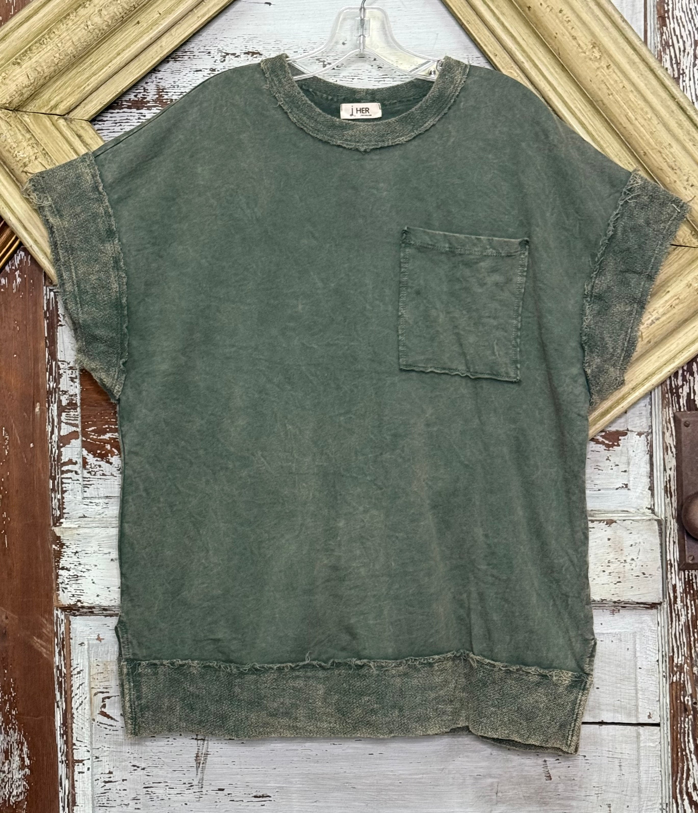 Jher Mineral Wash Cap Sleeve Pocket Top