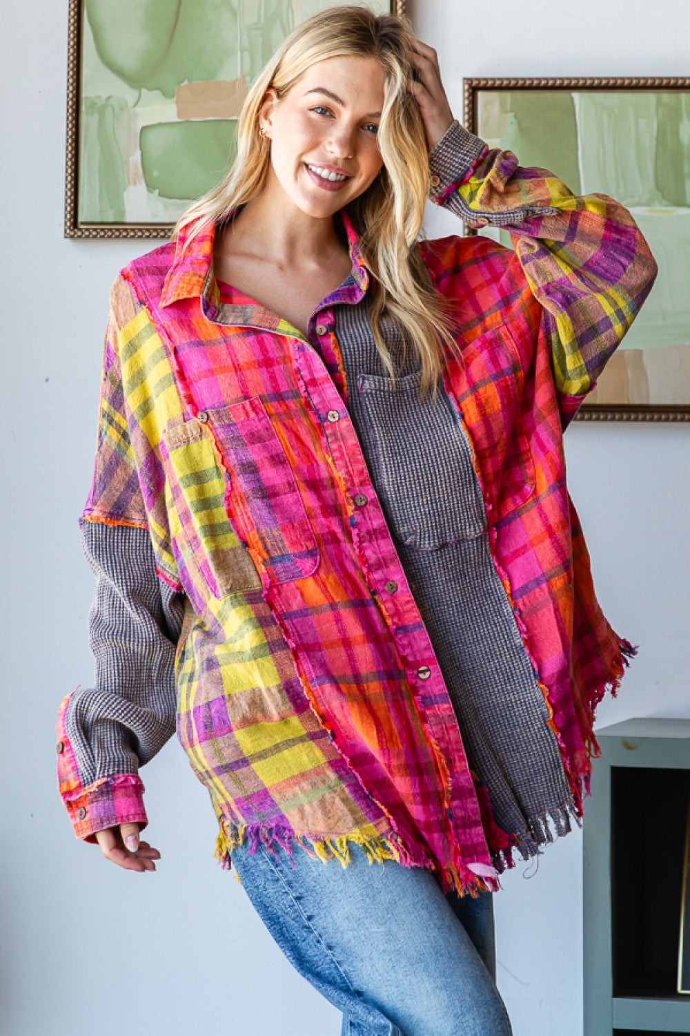 WASHED PLAID MIXED BUTTONDOWN SHIRT