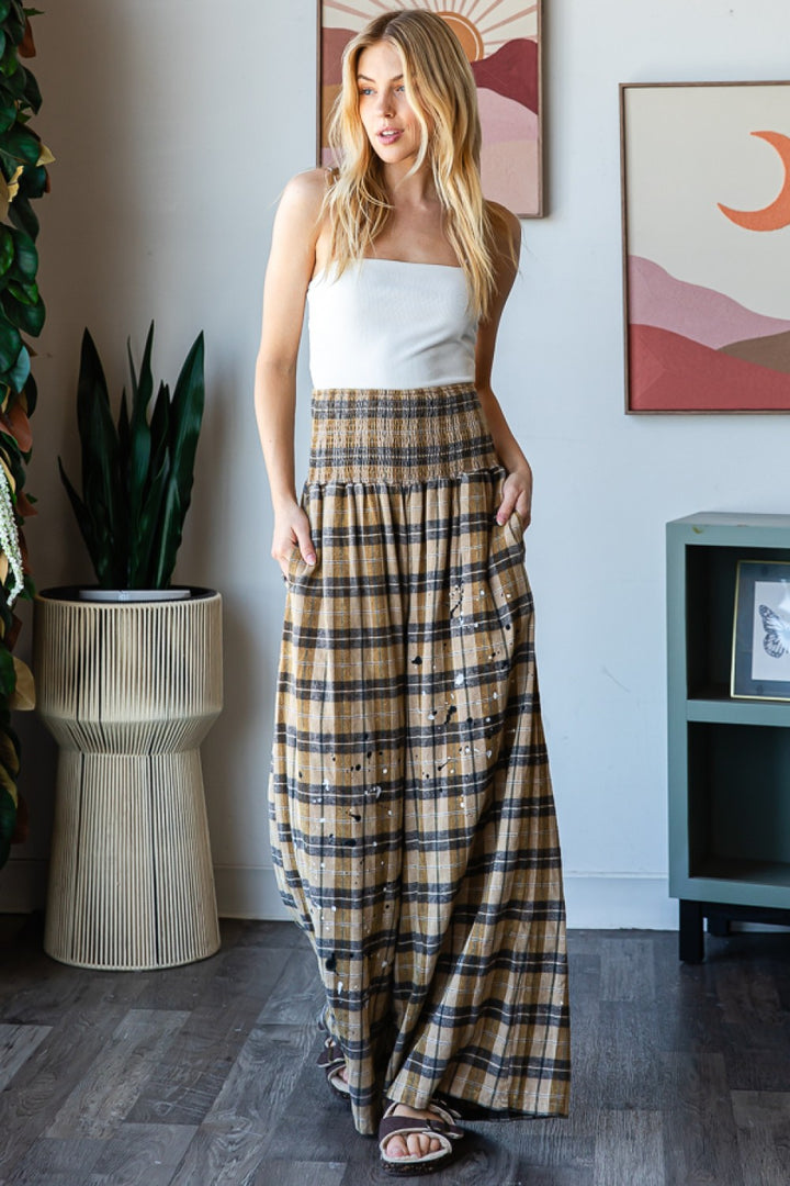 WASHED PLAID WIDE LONG PANTS