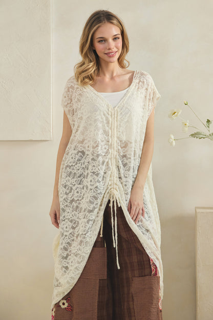 Oli and Hali Cinched Front Cocoon Sleeveless Long Lace Top