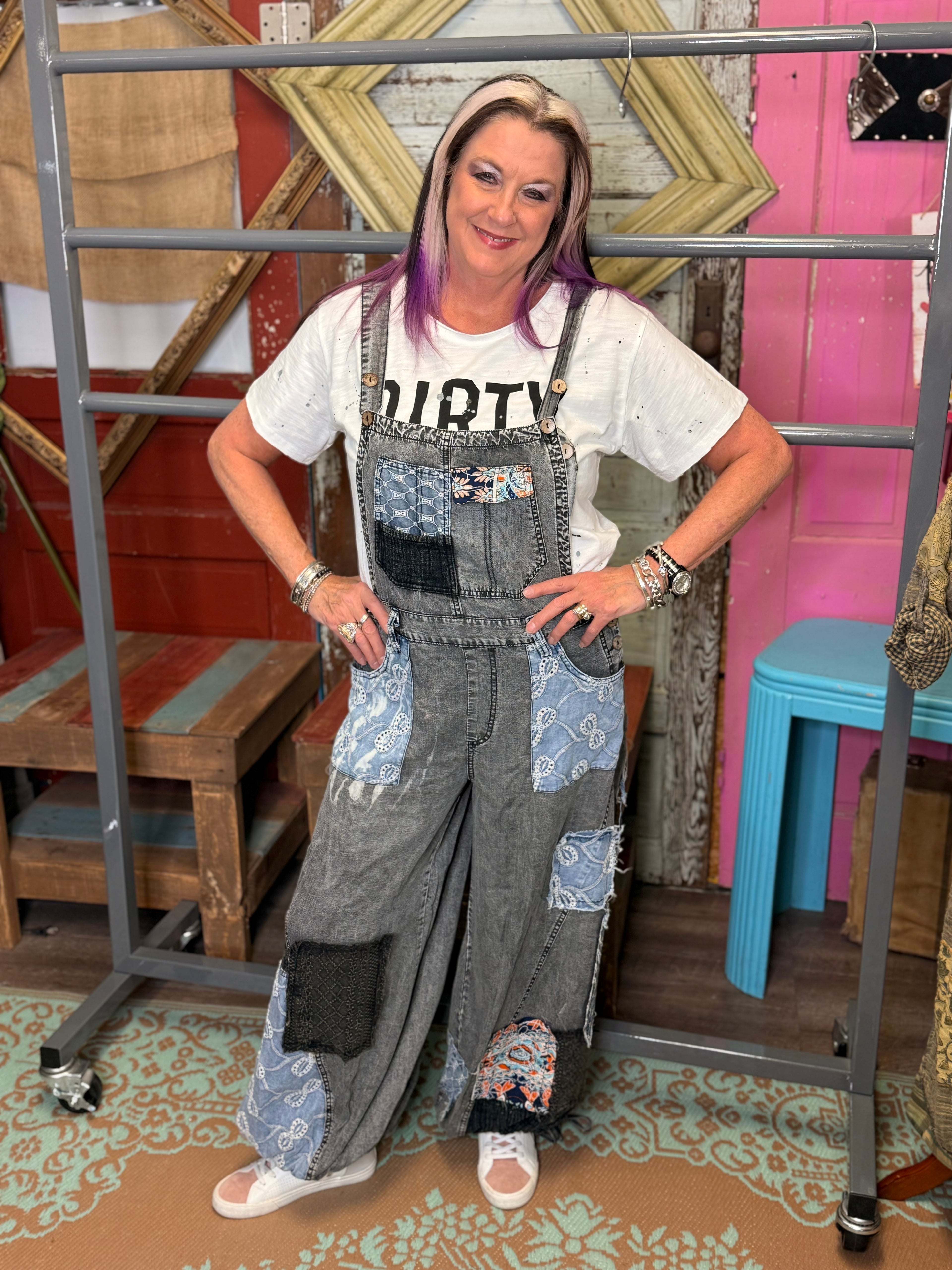 OLI AND HALI MULTI PATCH DENIM OVERALLS