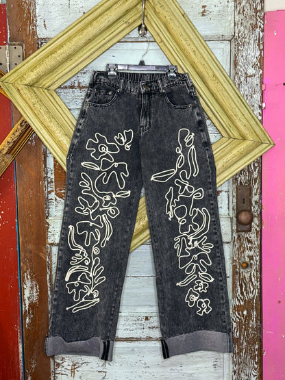 Oli and Hali Contrast  Embroidered Denim Jeans