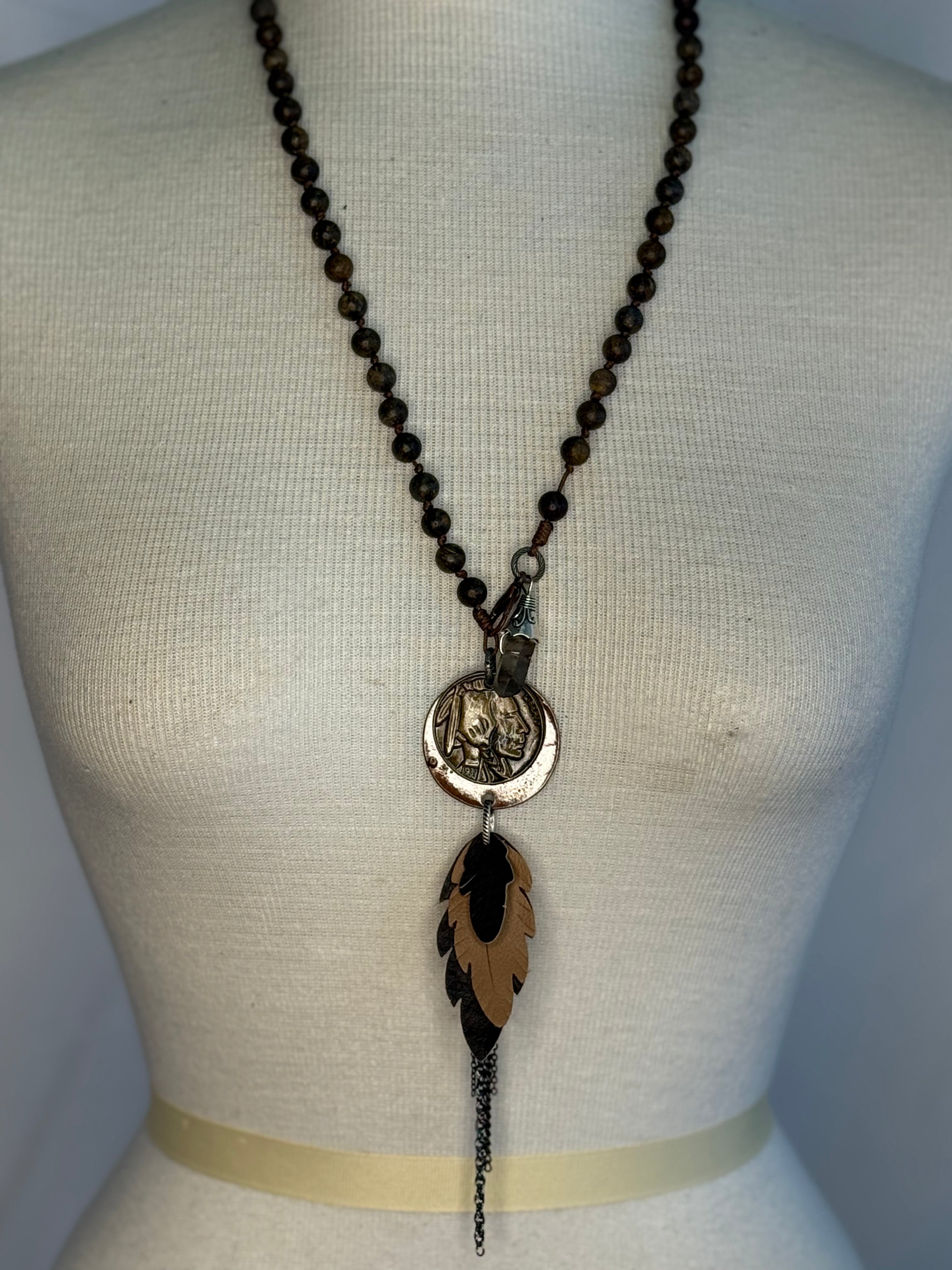 Lost and Found Brown Bead Indian Coin Feather Necklace