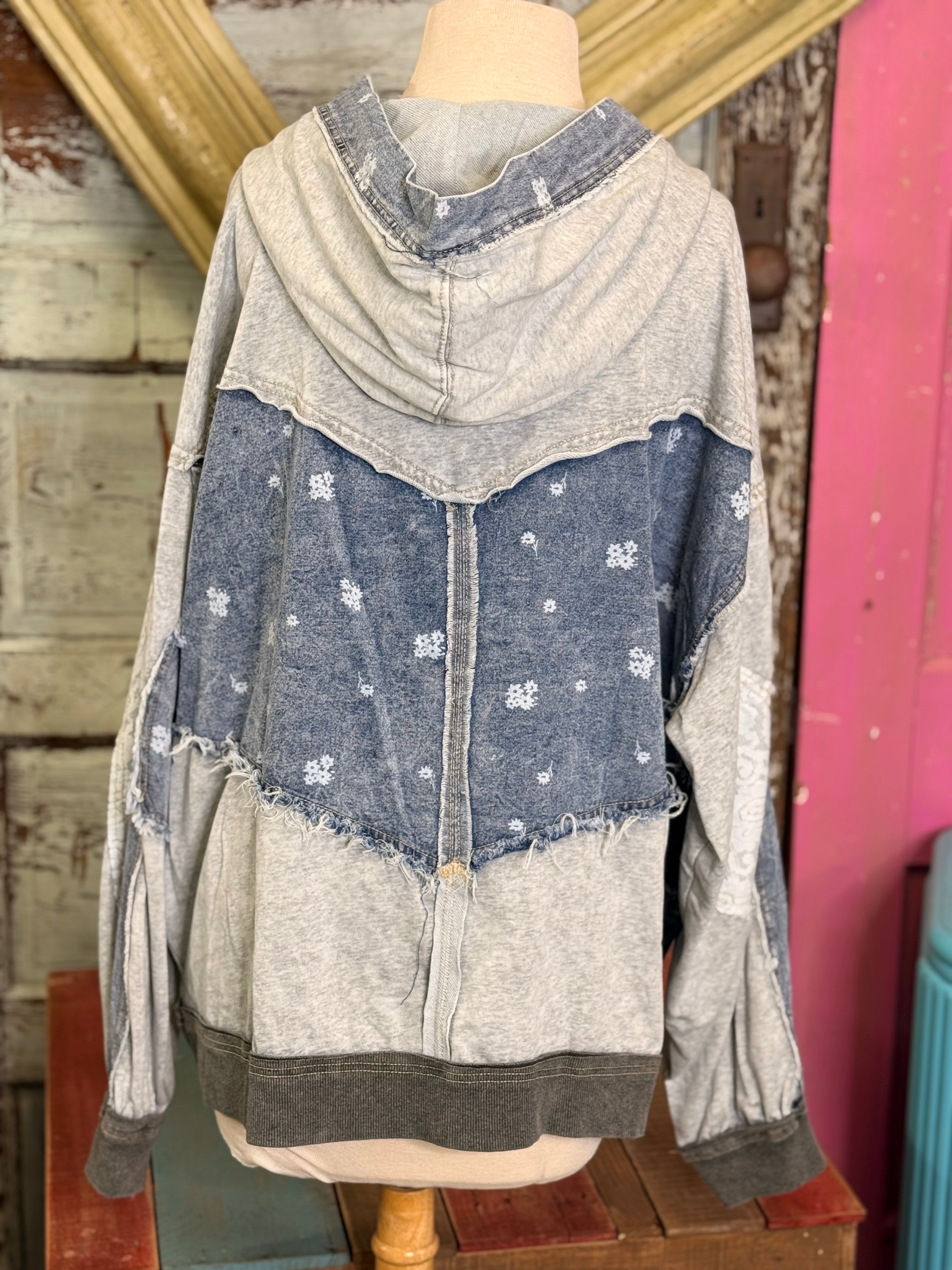 OLI AND HALI WASHED DENIM PATCH FABRIC MIX HOODIE TOP