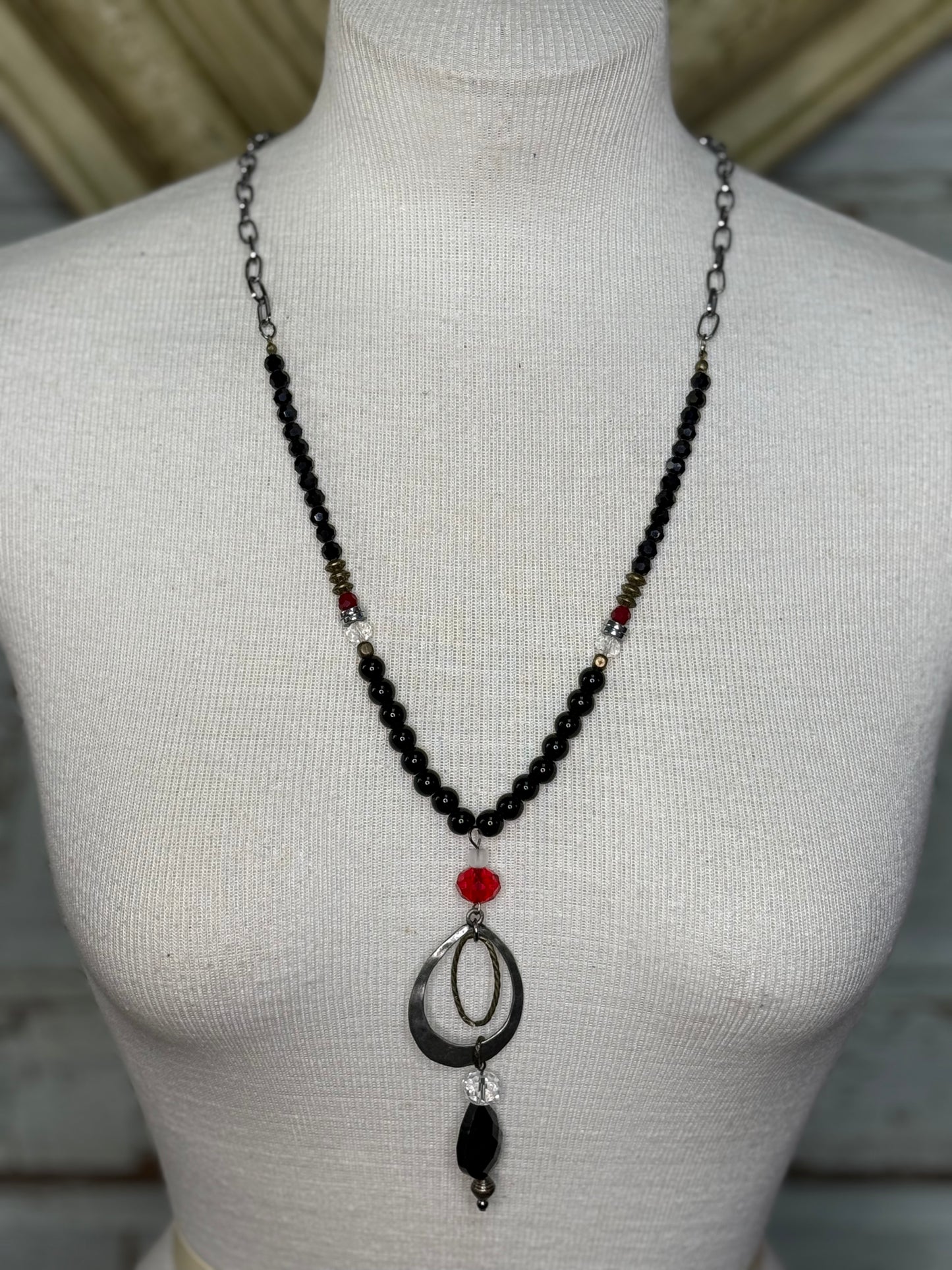 Lost and Found  Red and black tear drop necklace