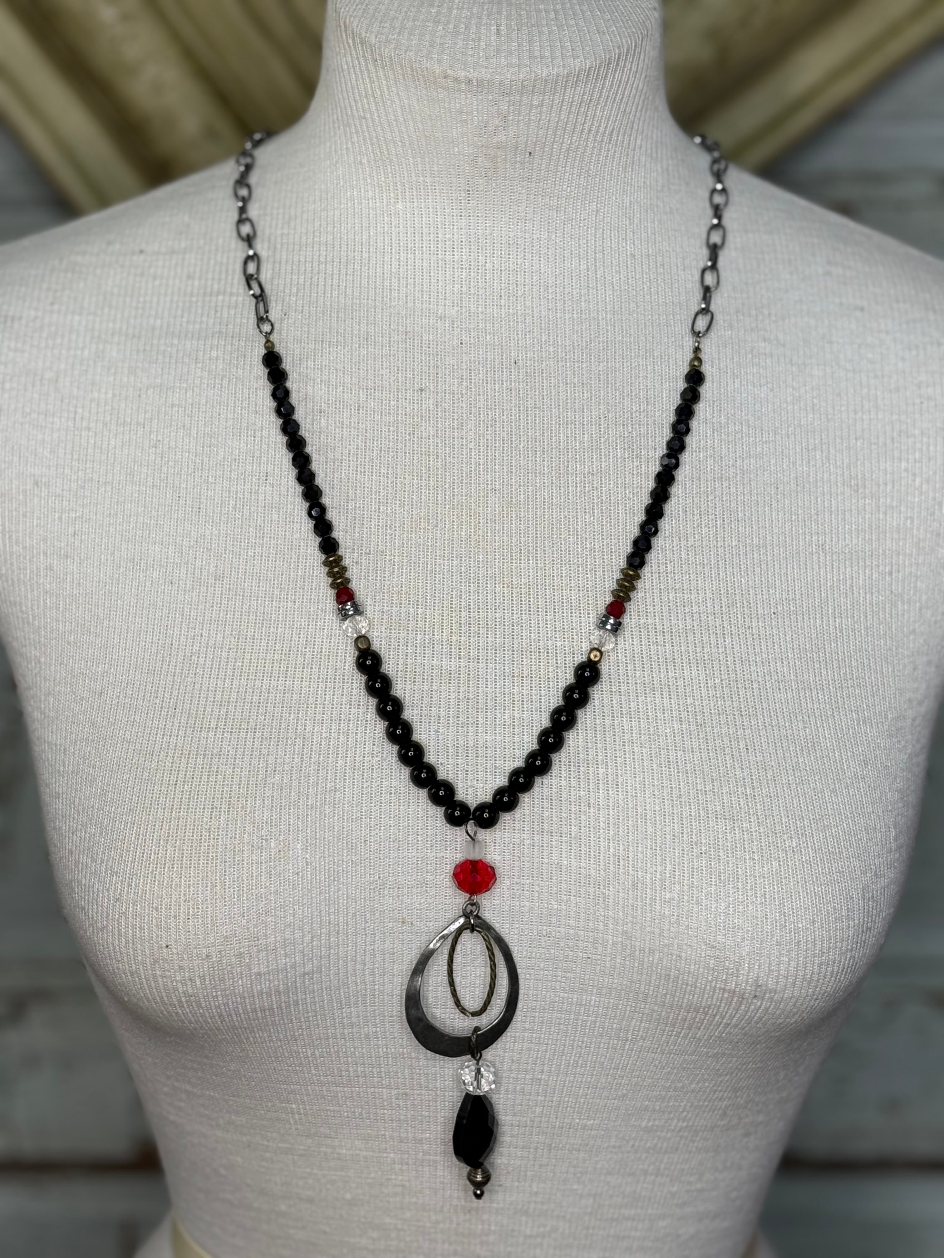 Lost and Found  Red and black tear drop necklace