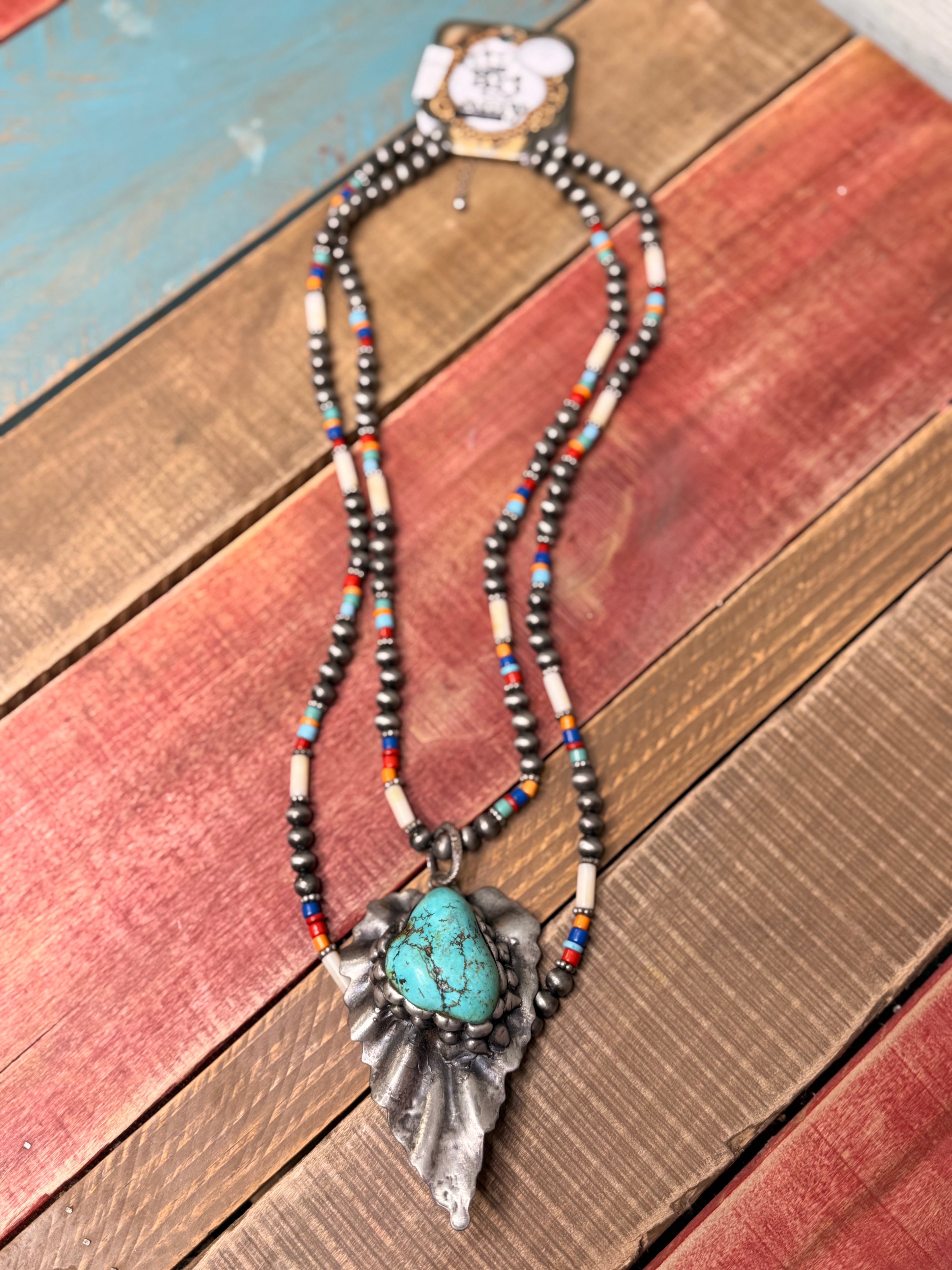 Art by Amy Multi color turq metal feather necklace