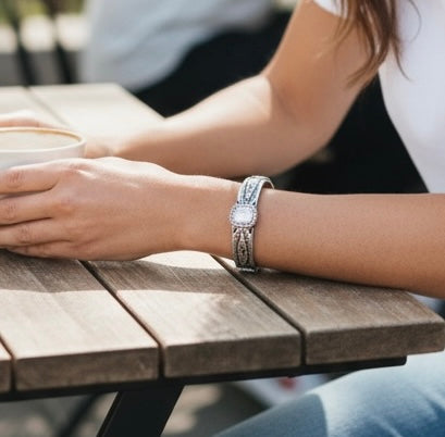 Etched Silver Stretch Bracelet with Crystals