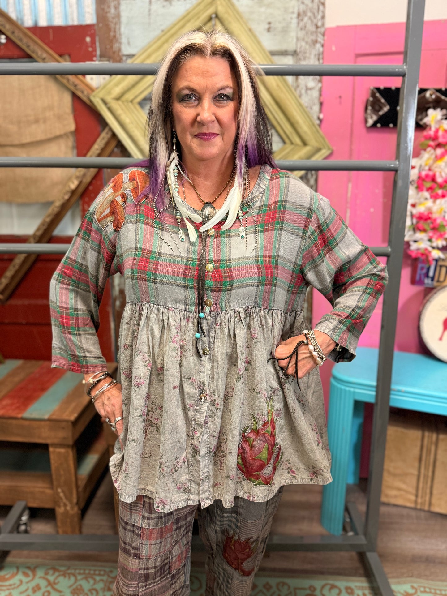 Paper Lace Plum Mix Front Open Plaid Top