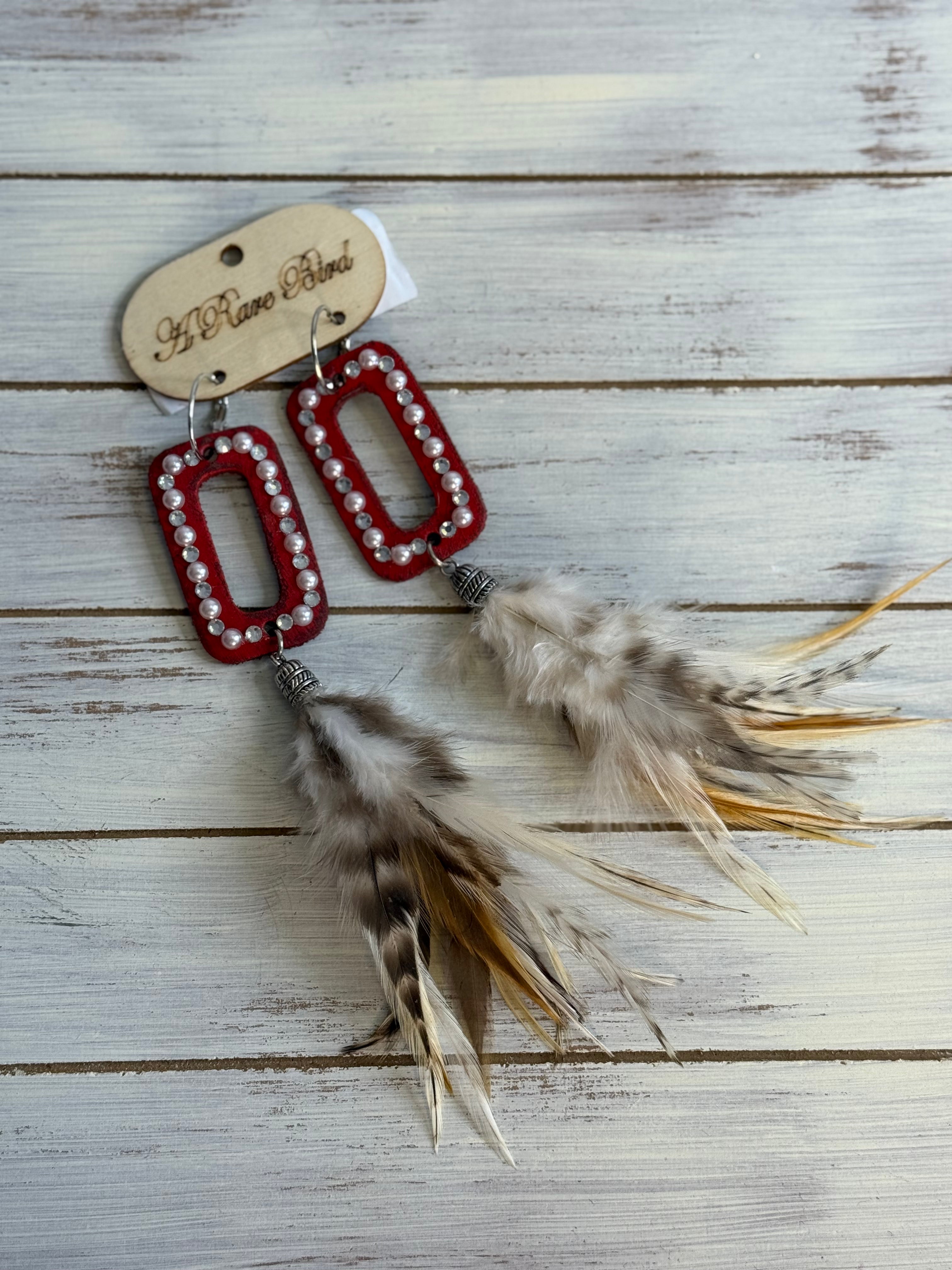 A Rare Bird Leather Red White Feather Earrings
