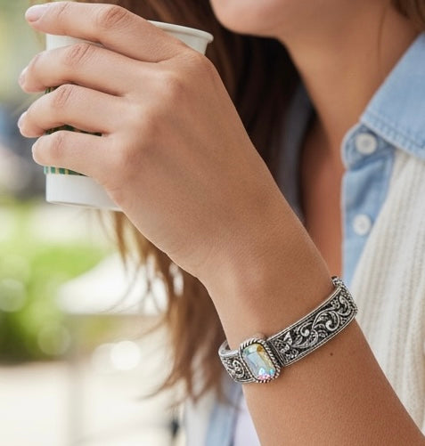 Floral Swirl Stretch Bracelet with Crystals