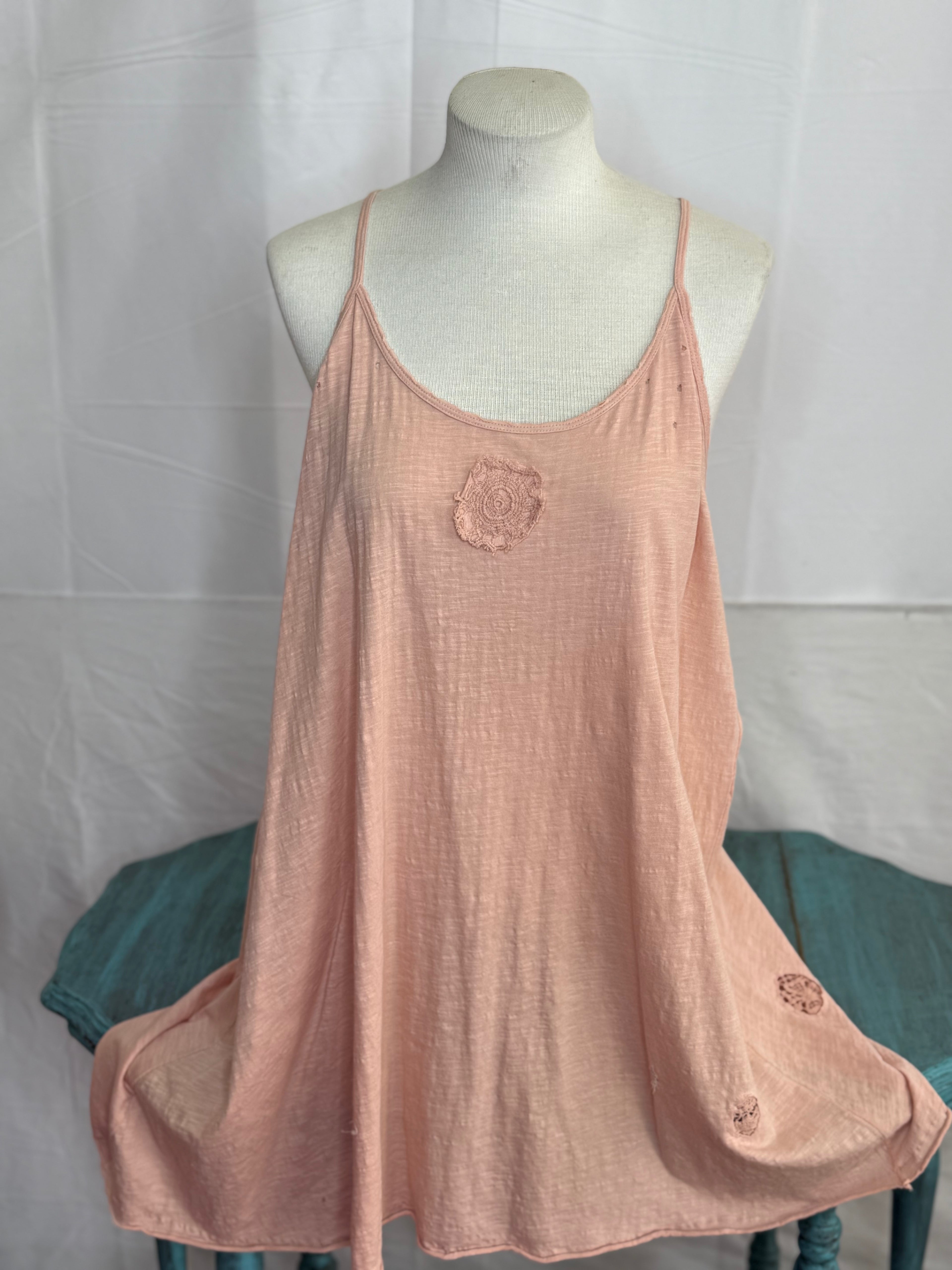 Paperlace long pink cami with lace and raw edges