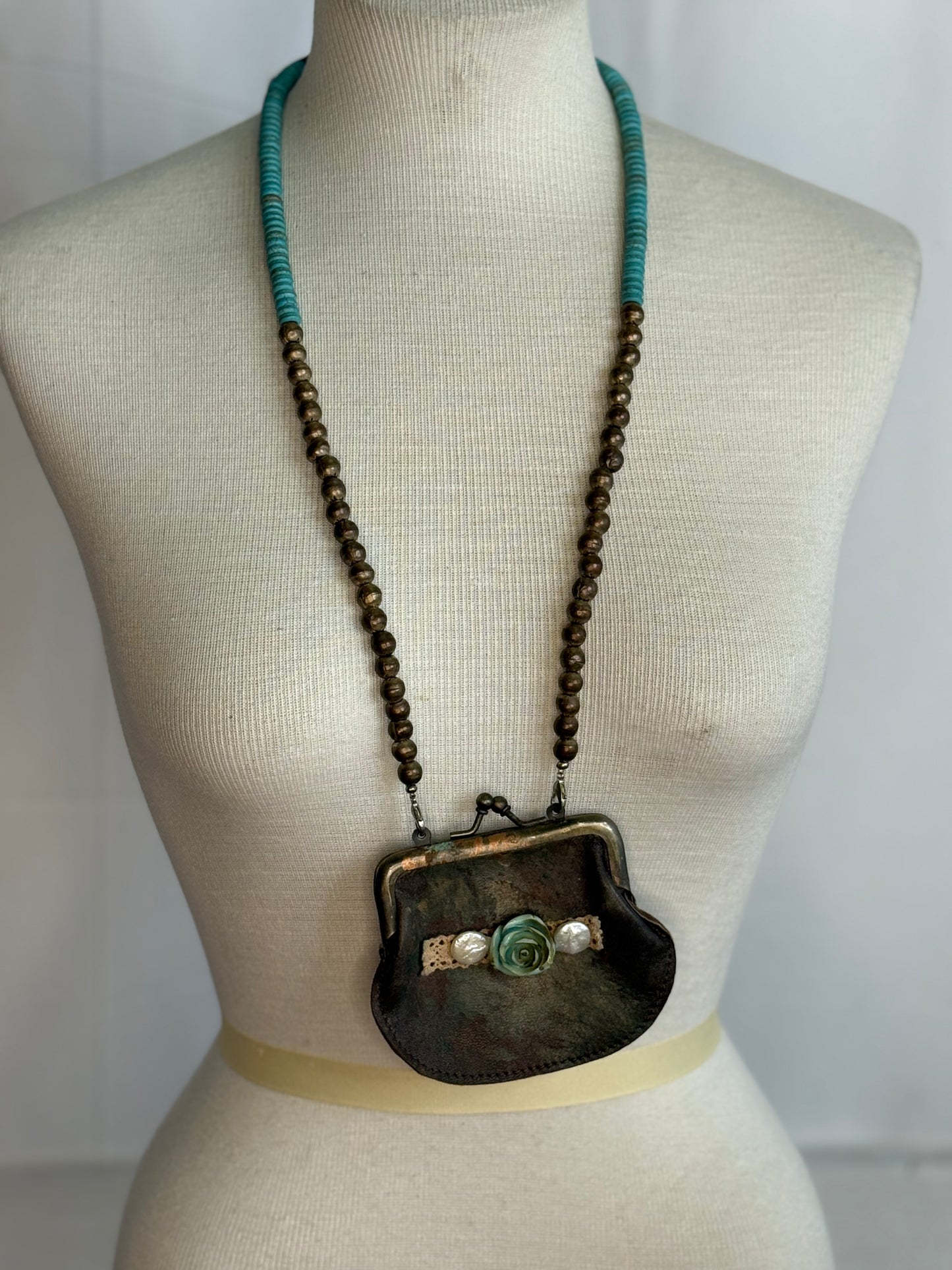 A Rare Bird Turq and Metal Bead coin Purse Necklace