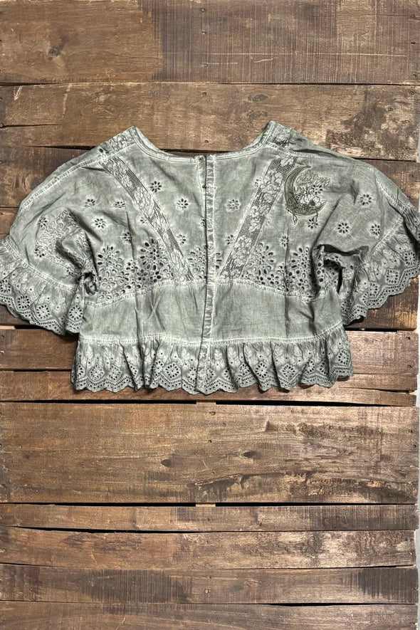 Jaded Gypsy Softly Worn Eyelet Top-Charcoal
