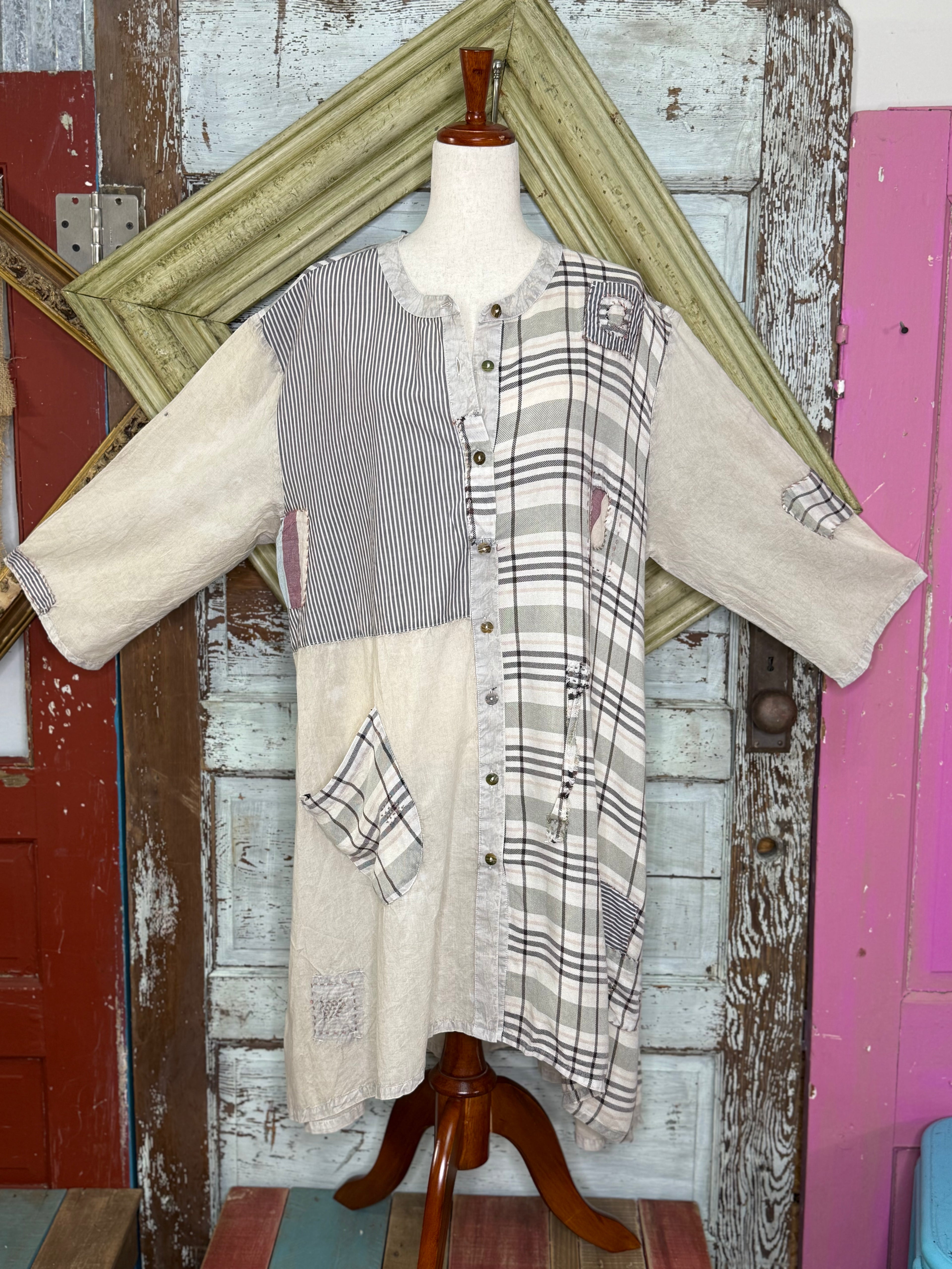 Paper Lace Tea Washed Plaid Patchwork Button Front Duster