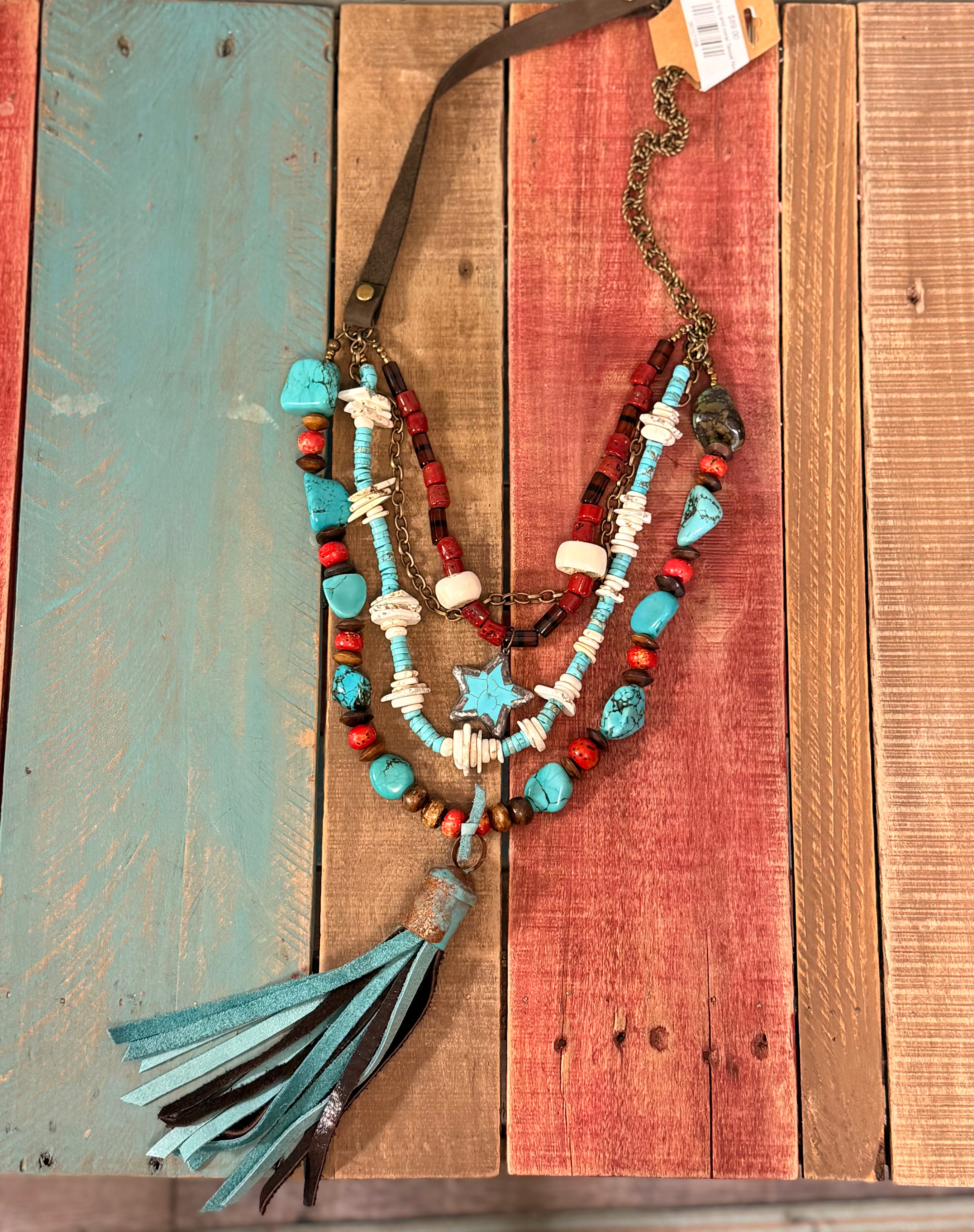 A Rare Bird turq and coral Tassel Necklace