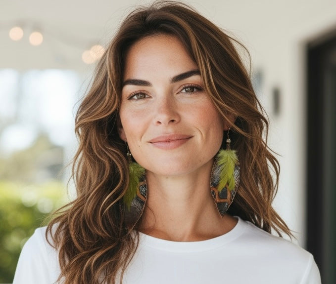 A Rare Bird Green Leather Feather Earings