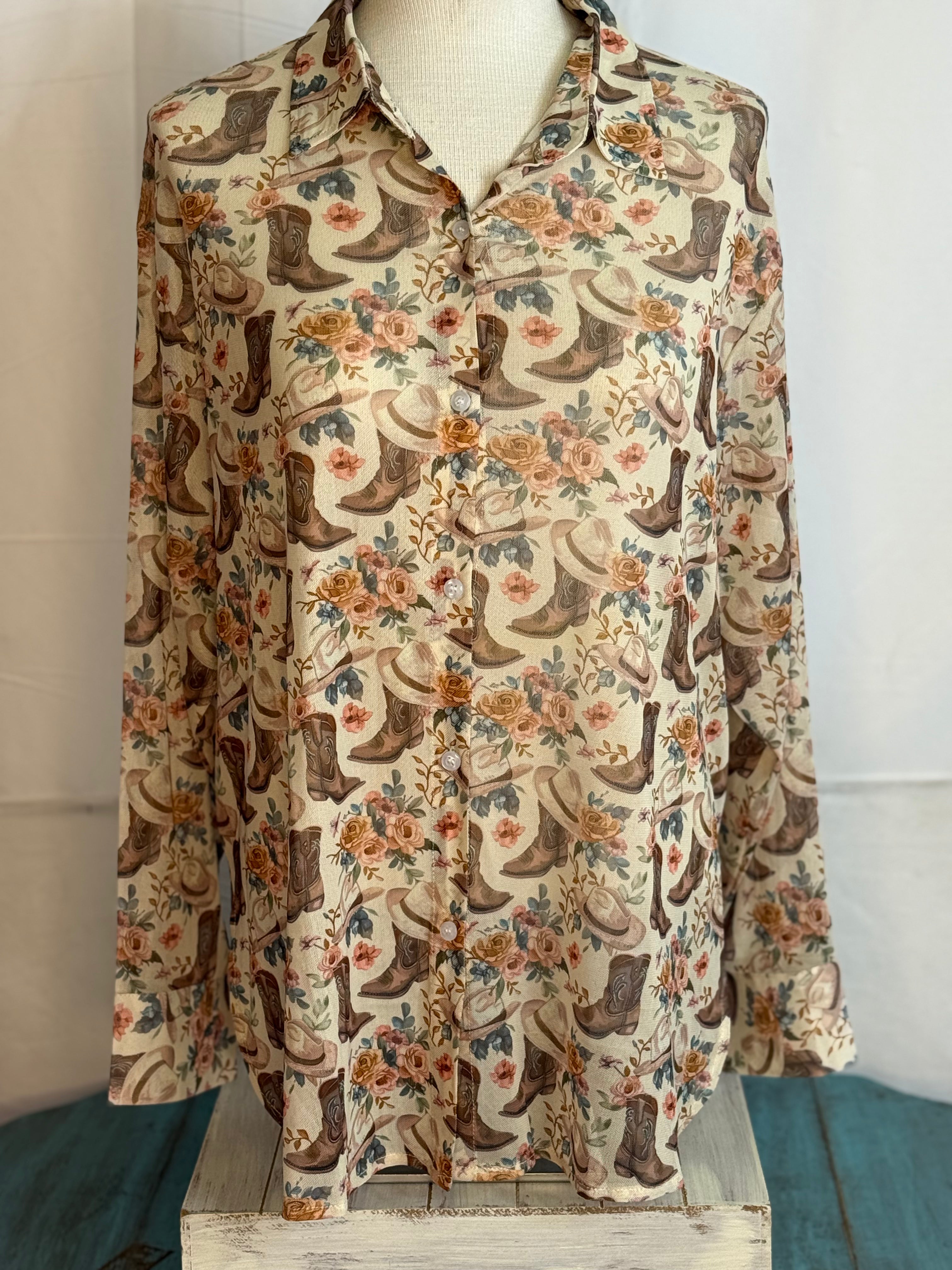 Turqouise Haven Floral boot mesh Button Up Top