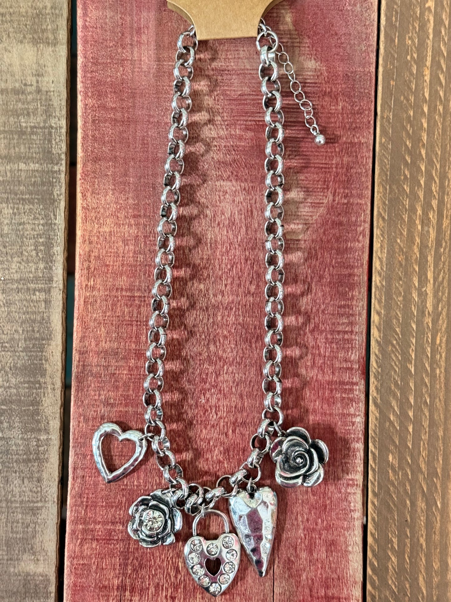 Silver Chain and flower heart Charm Necklace